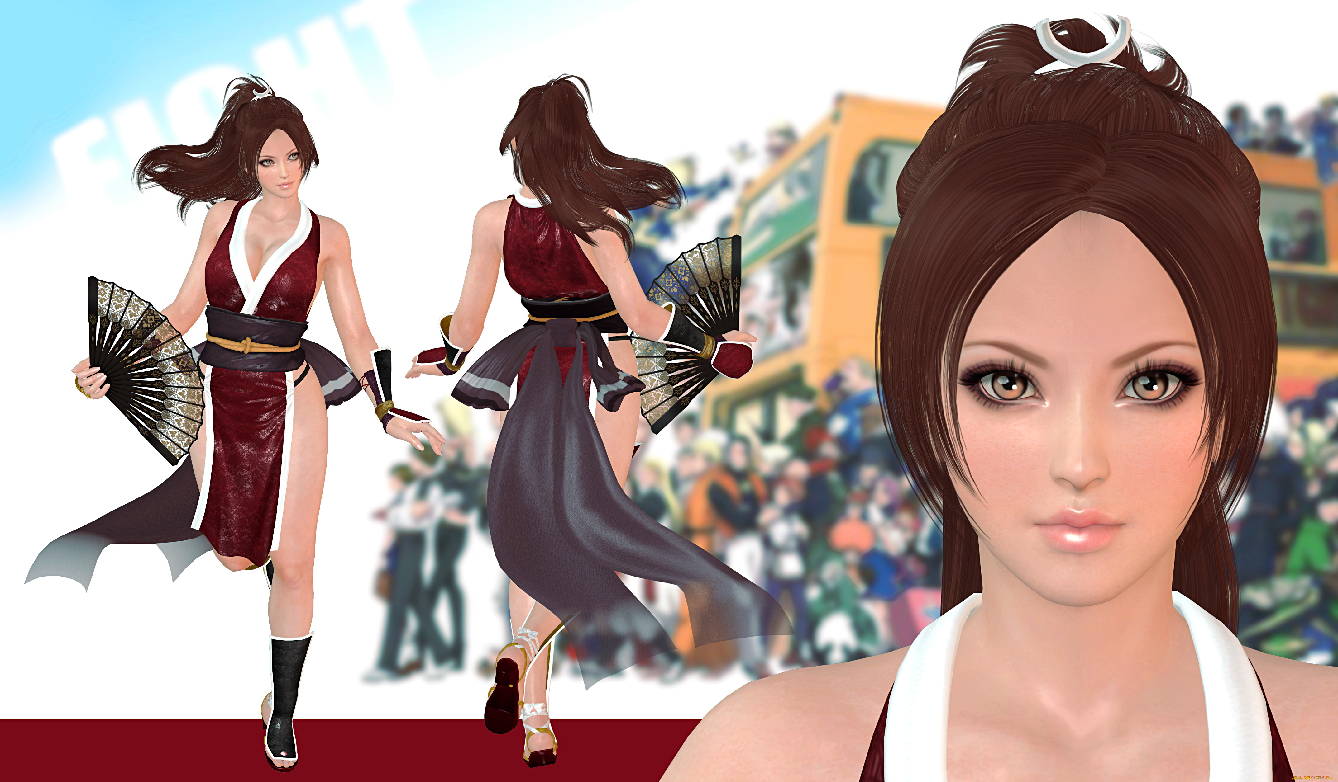 3д, графика, люди, , people, девушка, кимоно, веер, фон, взгляд