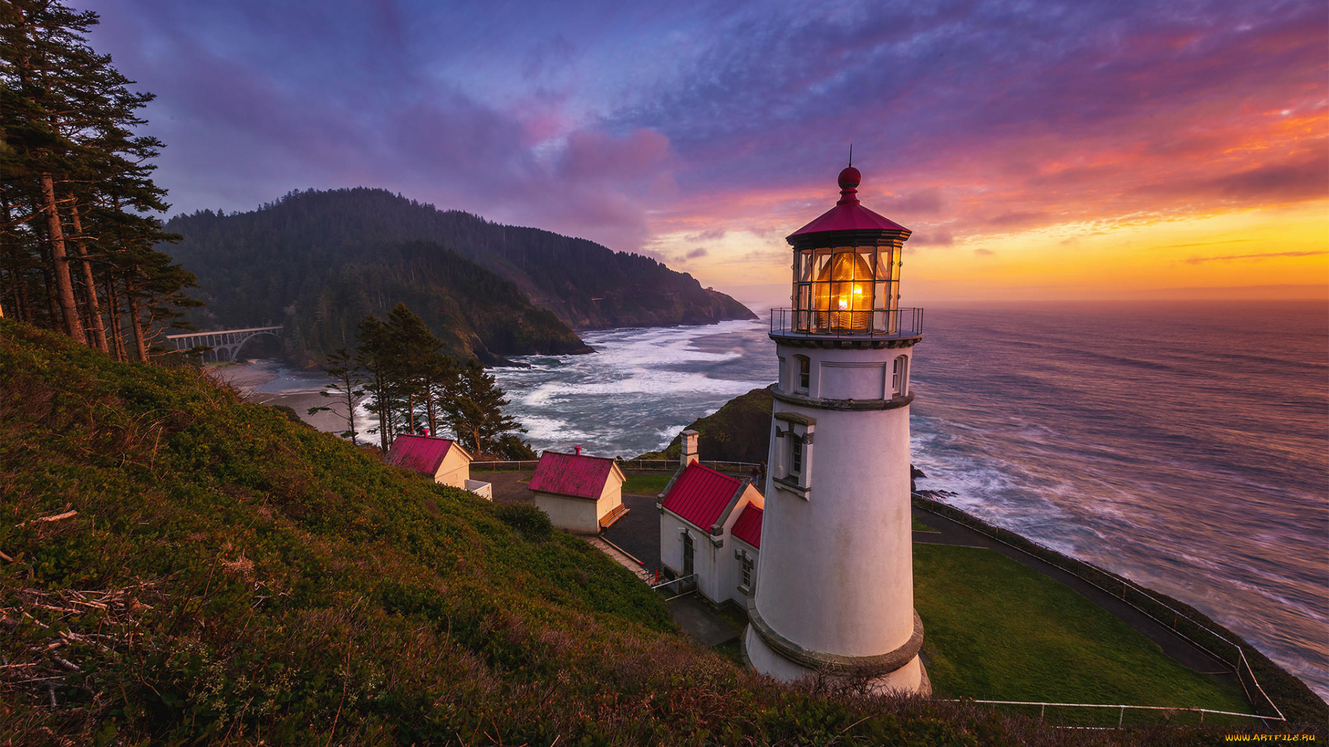 природа, маяки, маяк, закат, море, побережья, орегона, пейзаж