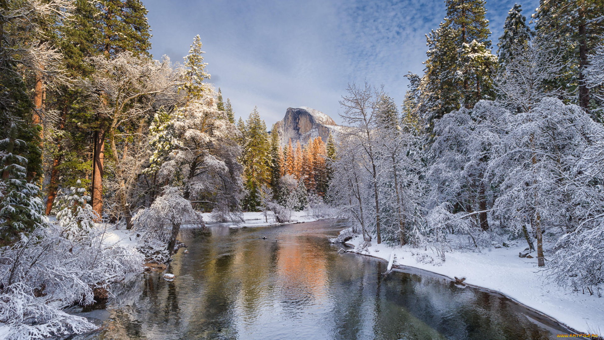 природа, реки, озера, лес, зима, река, мерсед, йосемитский, национальный, парк