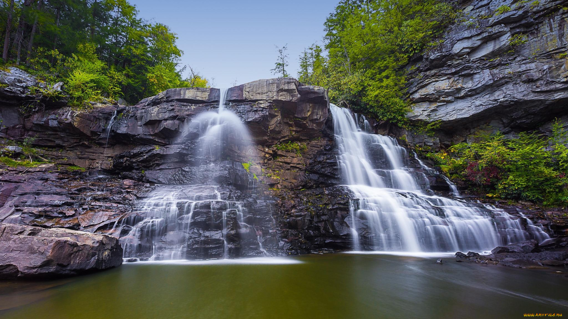 природа, водопады, деревья, скалы, водопад