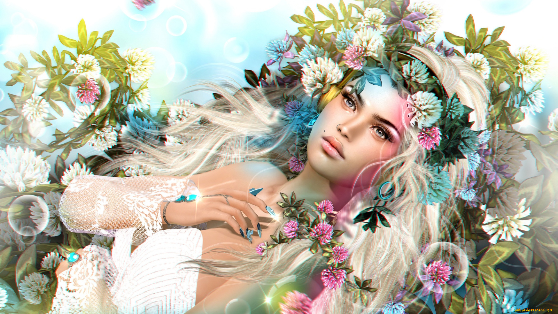 3д, графика, люди, , people, цветы, девушка, клевер, волосы