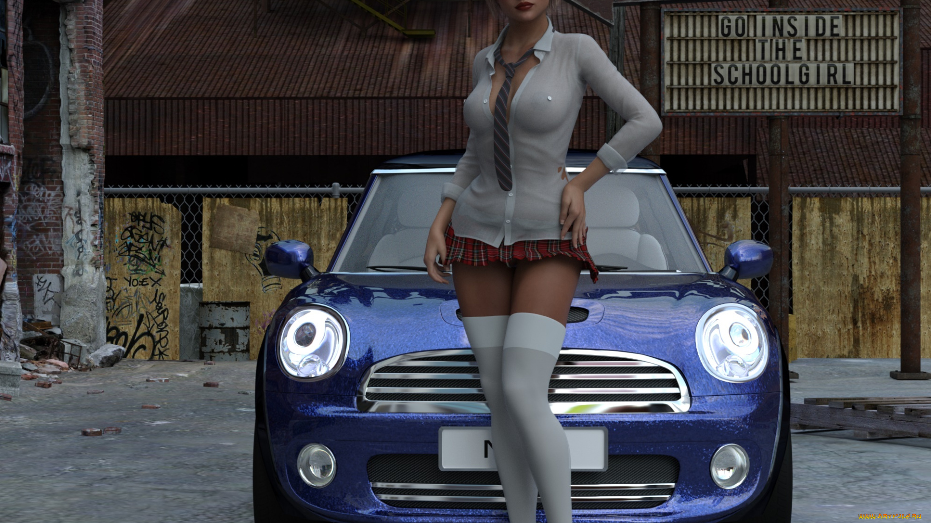 3д, графика, люди-авто, мото, , people-, car, , , moto, фон, взгляд, девушка