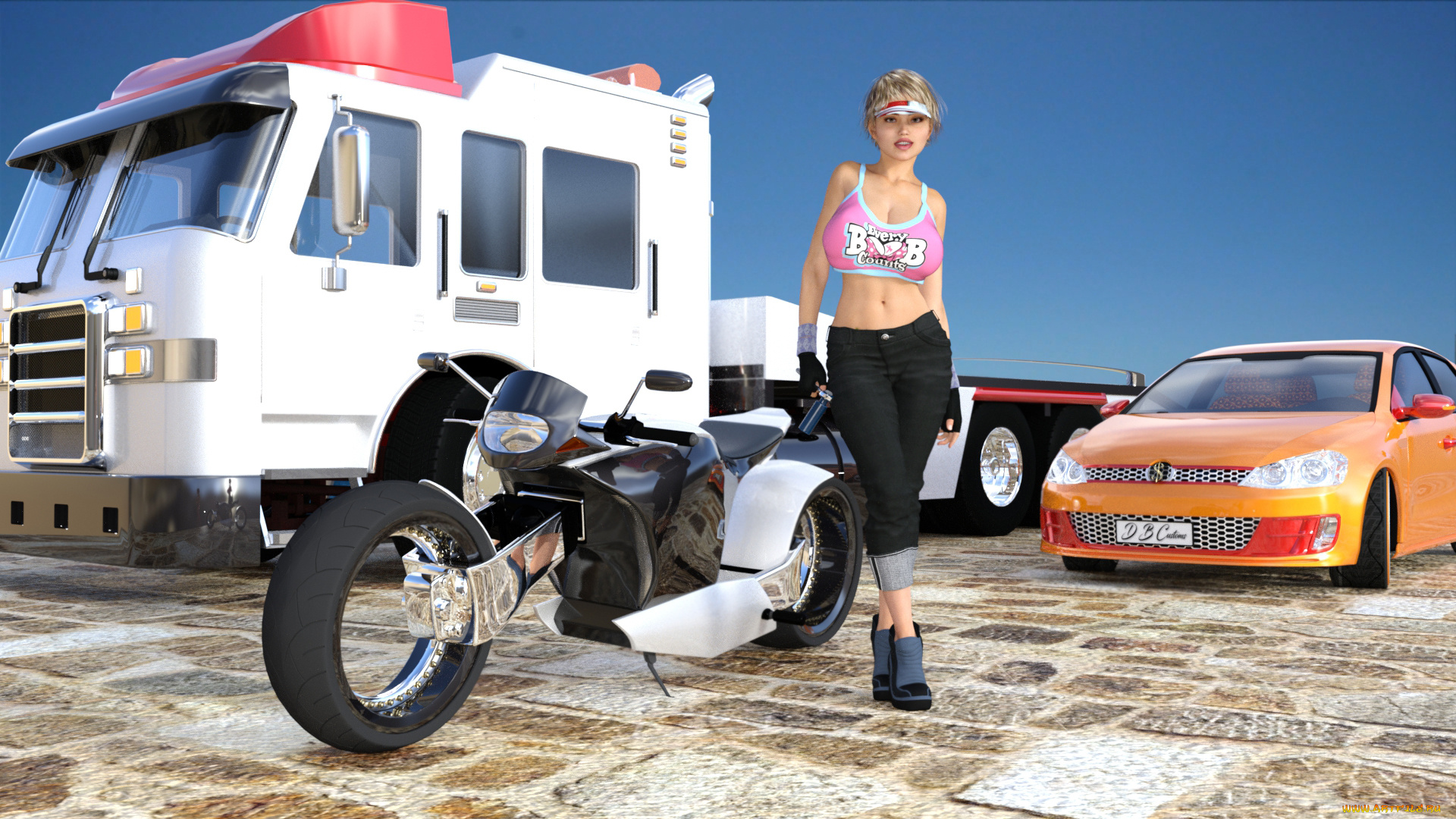 3д, графика, люди-авто, мото, , people-, car, , , moto, фон, взгляд, девушка