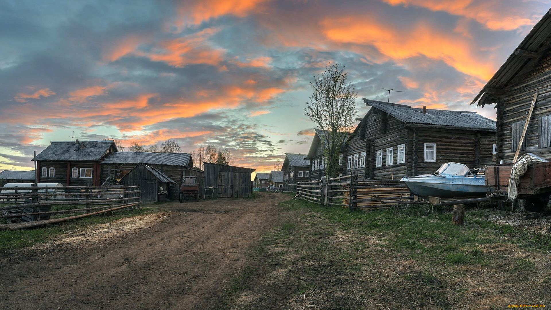 архангельская, область, , кимжа, города, -, здания, , дома, заря, дорога, лодка, дома, деревня, облака, небо