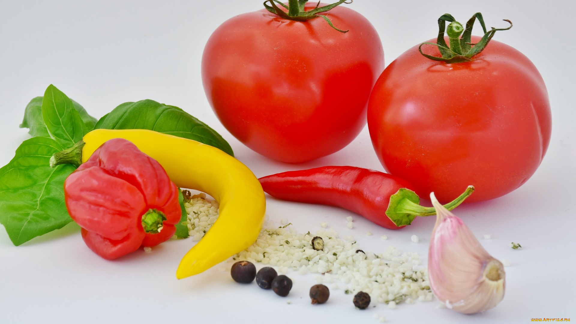 еда, овощи, помидоры, перец, чеснок, базилик, соль, томаты