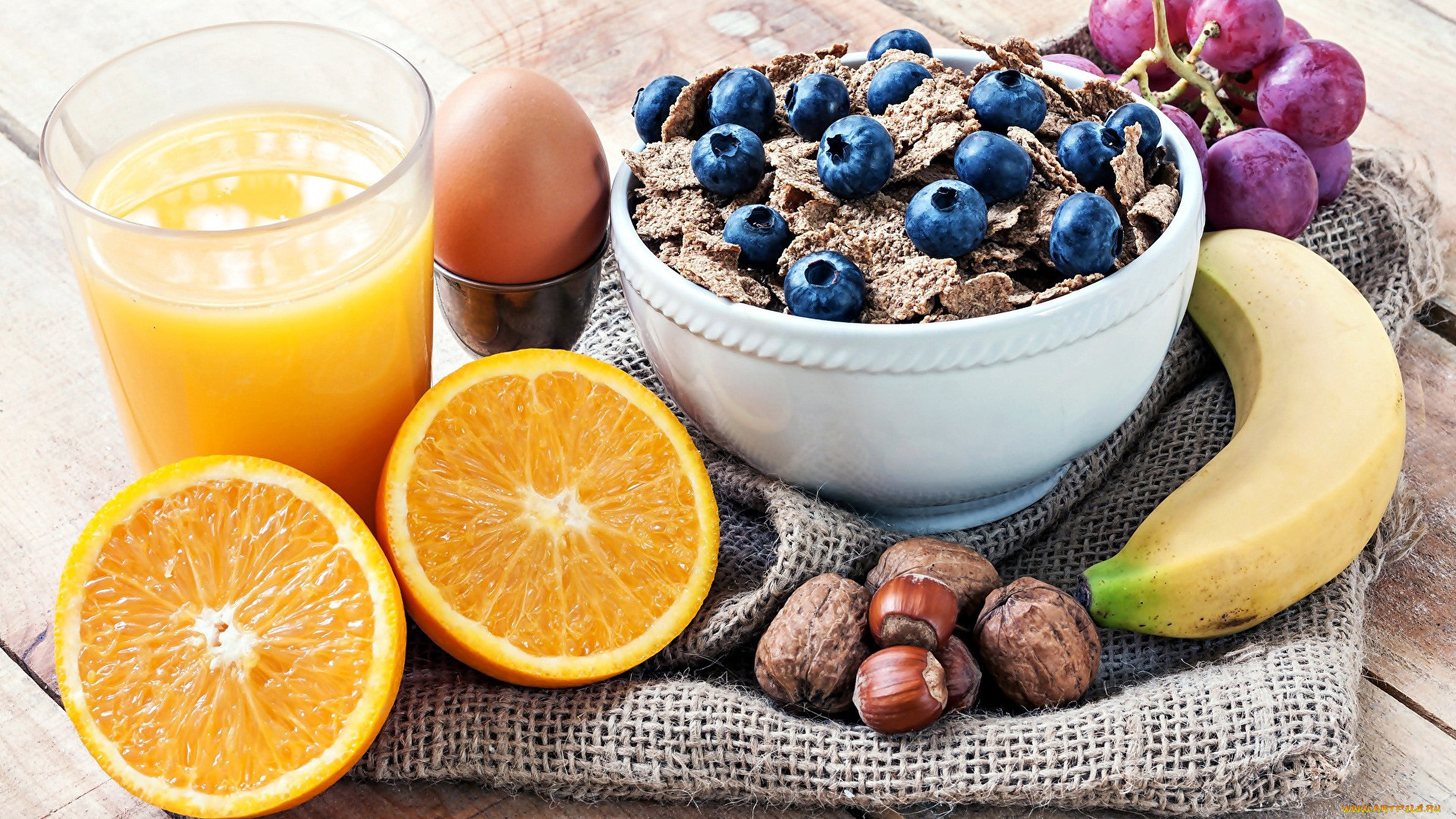 еда, разное, виноград, орехи, хлопья, сок, апельсин, банан