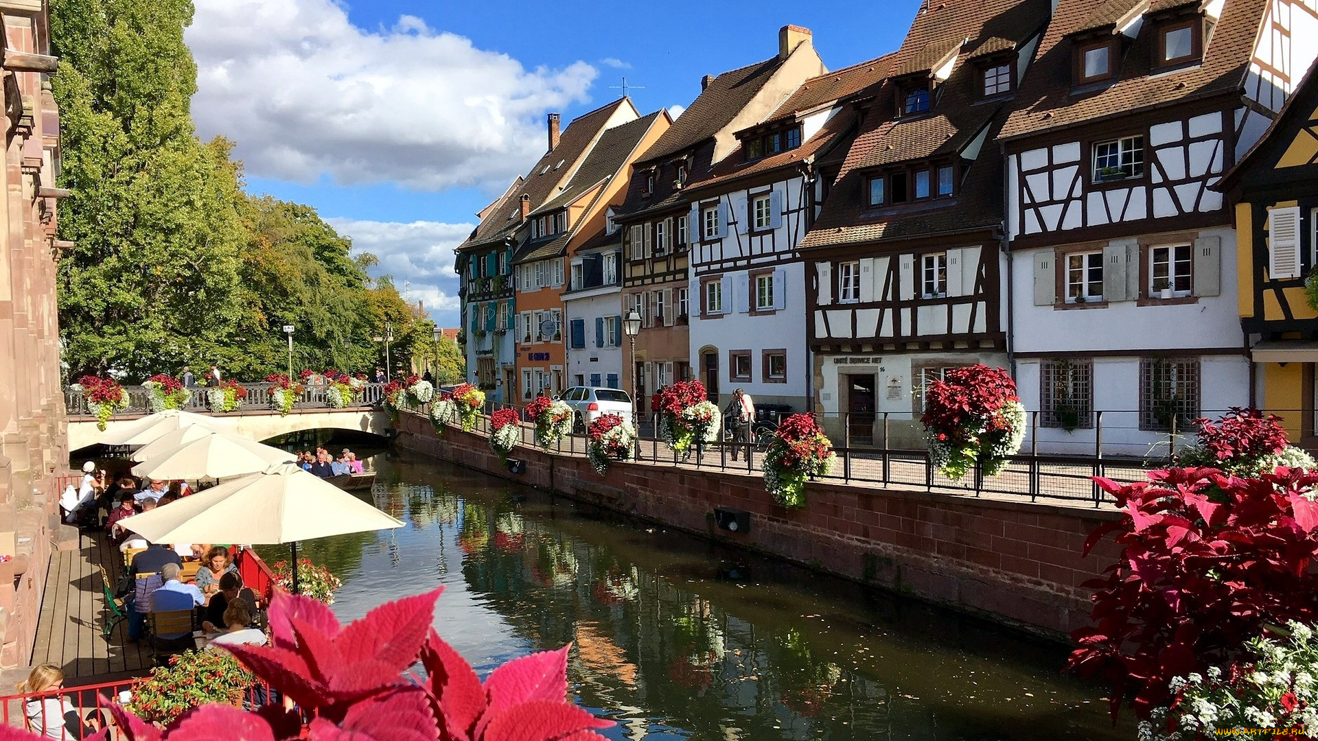 города, кольмар, , франция, канал, набережная, кафе