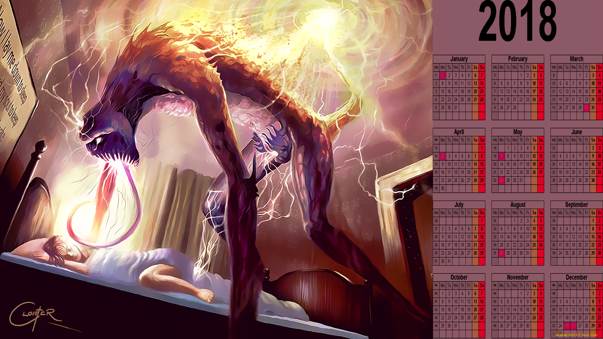 календари, фэнтези, человек, кровать, существо, сон