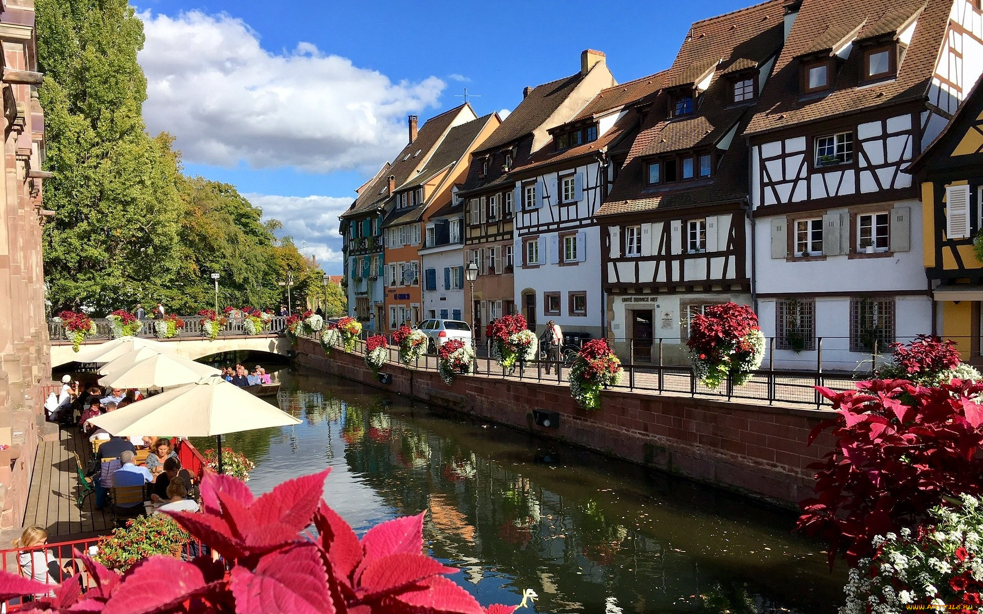 города, кольмар, , франция, канал, набережная, кафе
