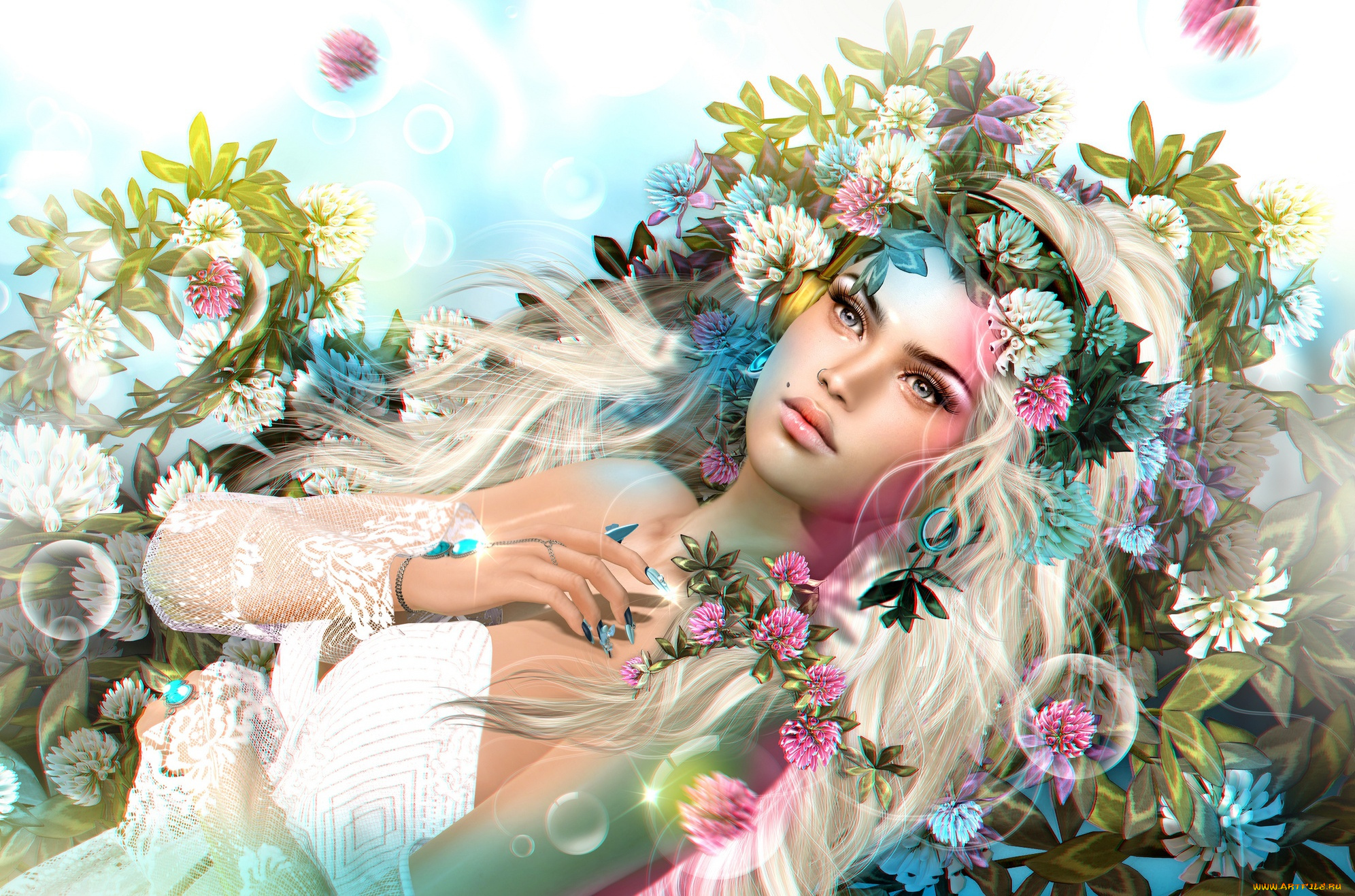 3д, графика, люди, , people, цветы, девушка, клевер, волосы