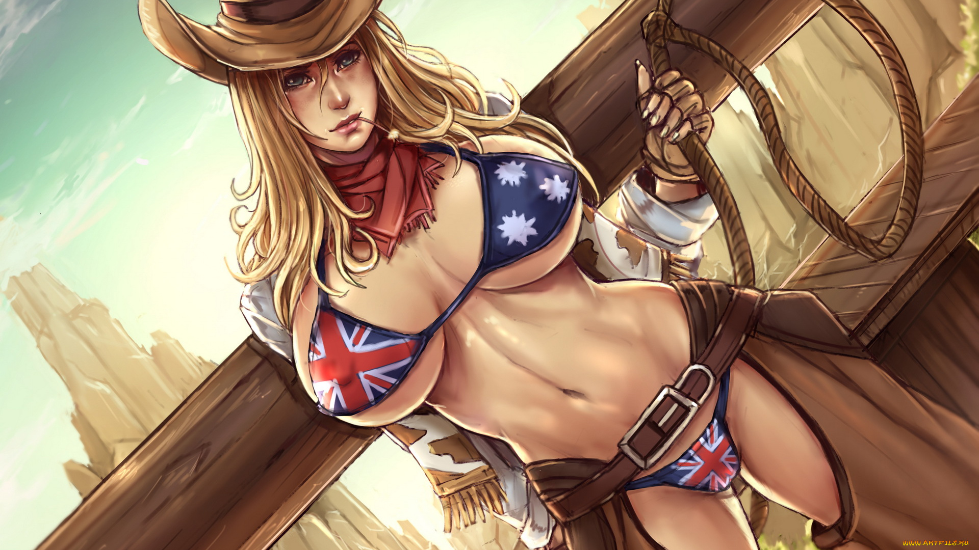 аниме, unknown, , другое, , купальник, шляпа, взгляд, фон, девушка