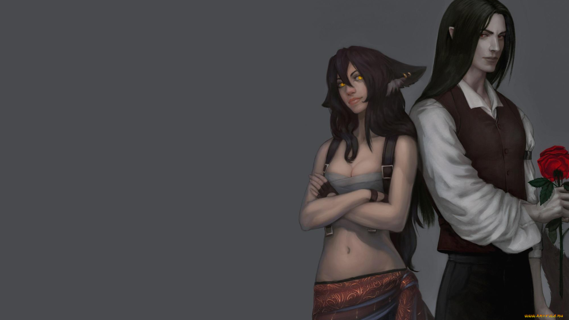 kate, fox, фэнтези, существа, уши, девушка, роза, парень