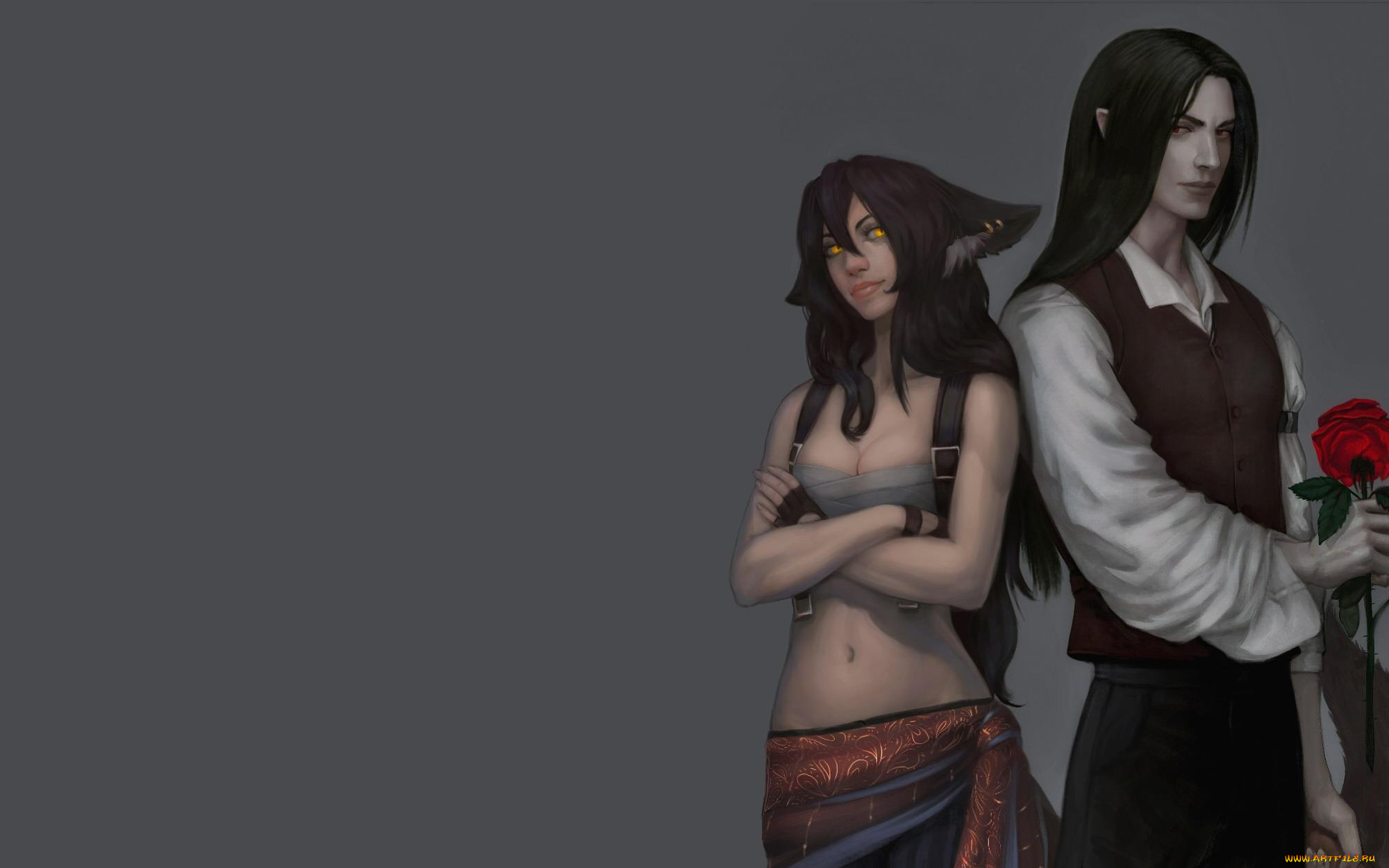 kate, fox, фэнтези, существа, уши, девушка, роза, парень