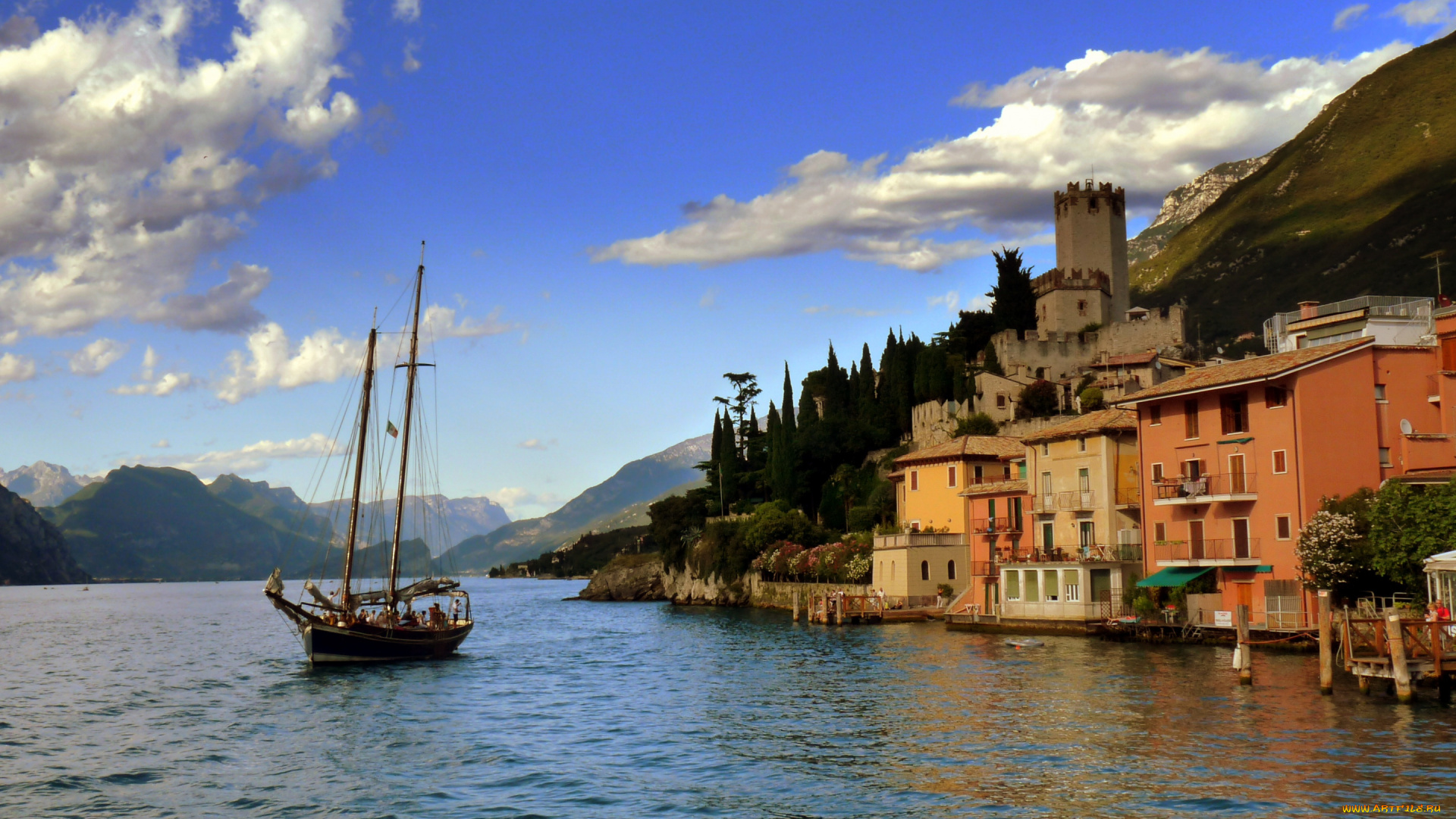 города, -, улицы, , площади, , набережные, озеро, гарда, лаго, ди, вечер, закат, парусная, лодка, красивое, мальчезин, восточный, ломбард, италия