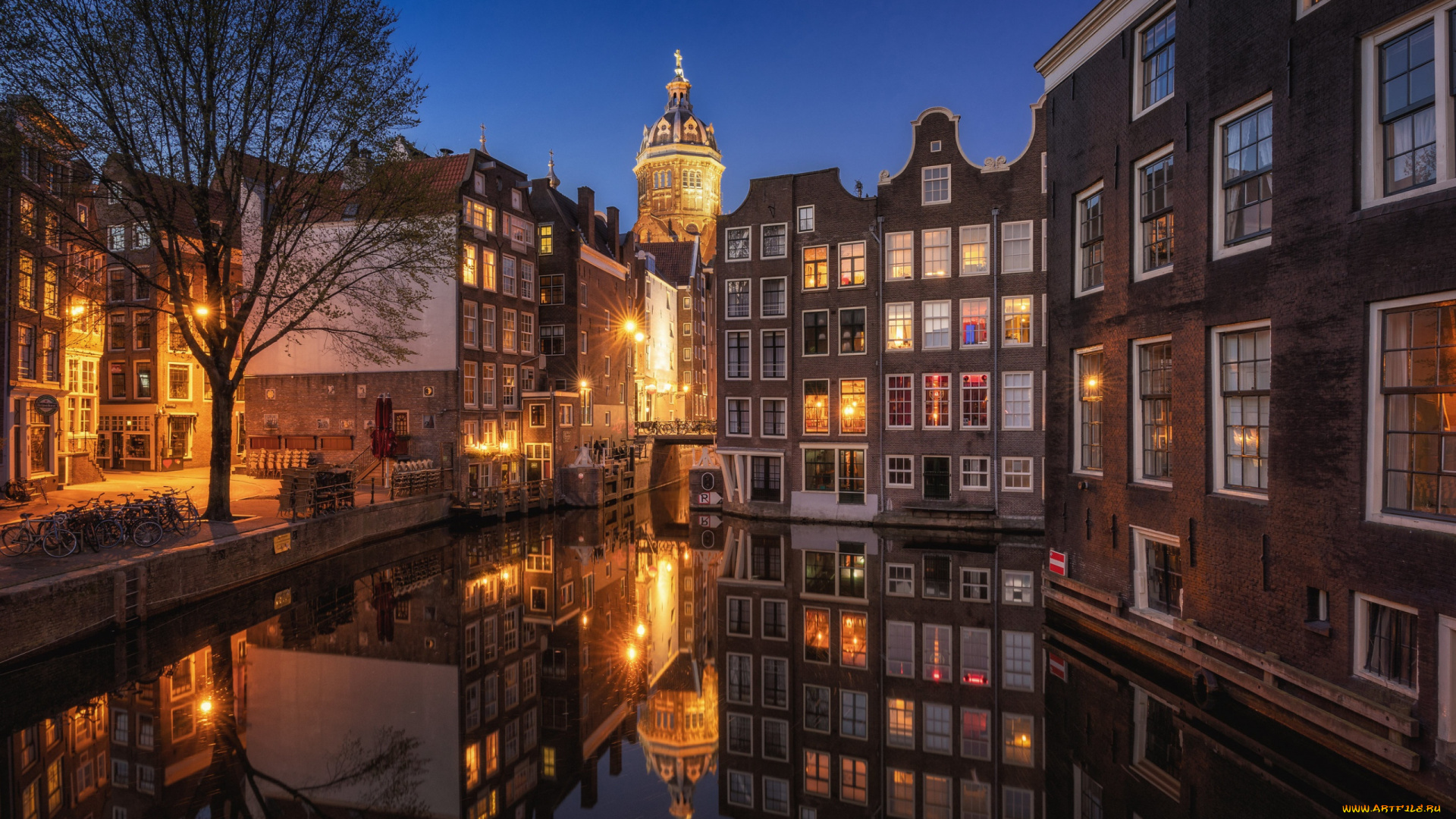 города, амстердам, , нидерланды, канал, вечер, огни