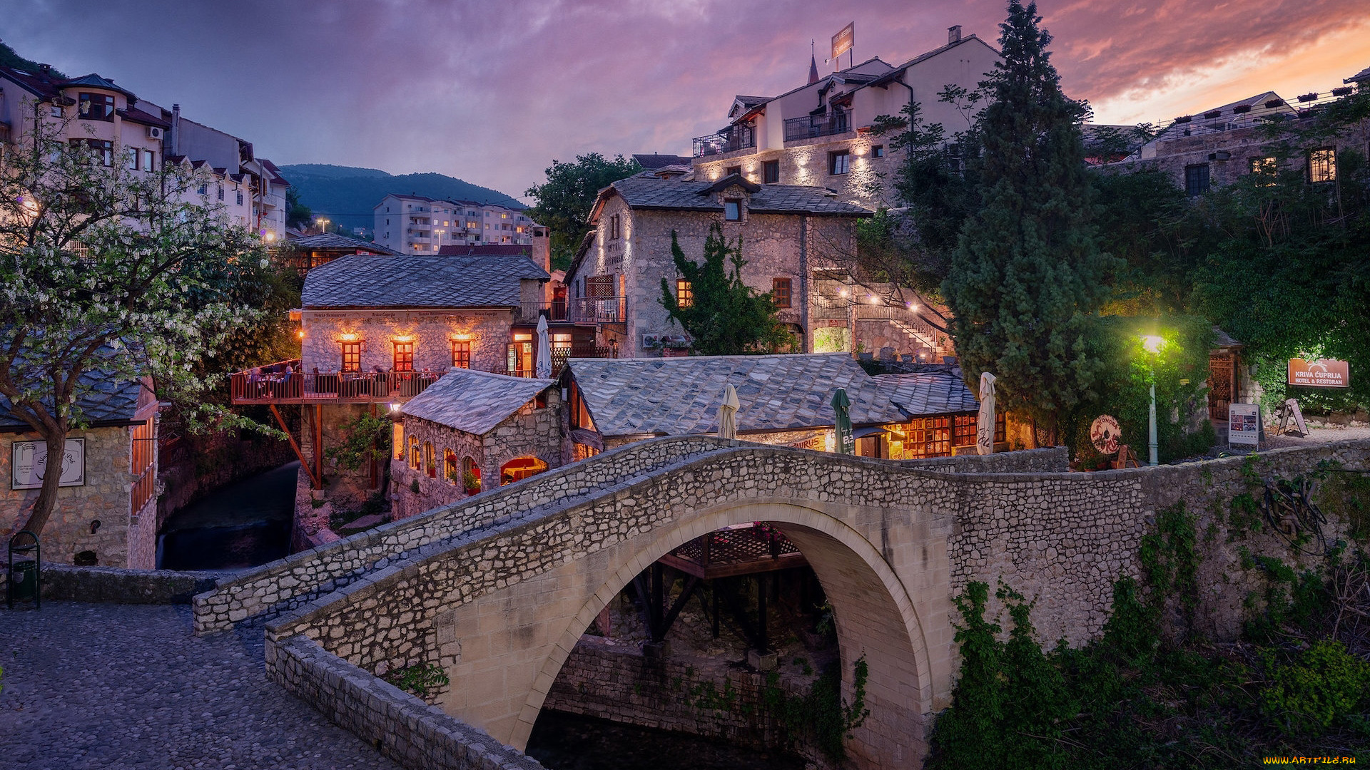 города, мостар, , босния, и, герцеговина, мост, вечер, огни