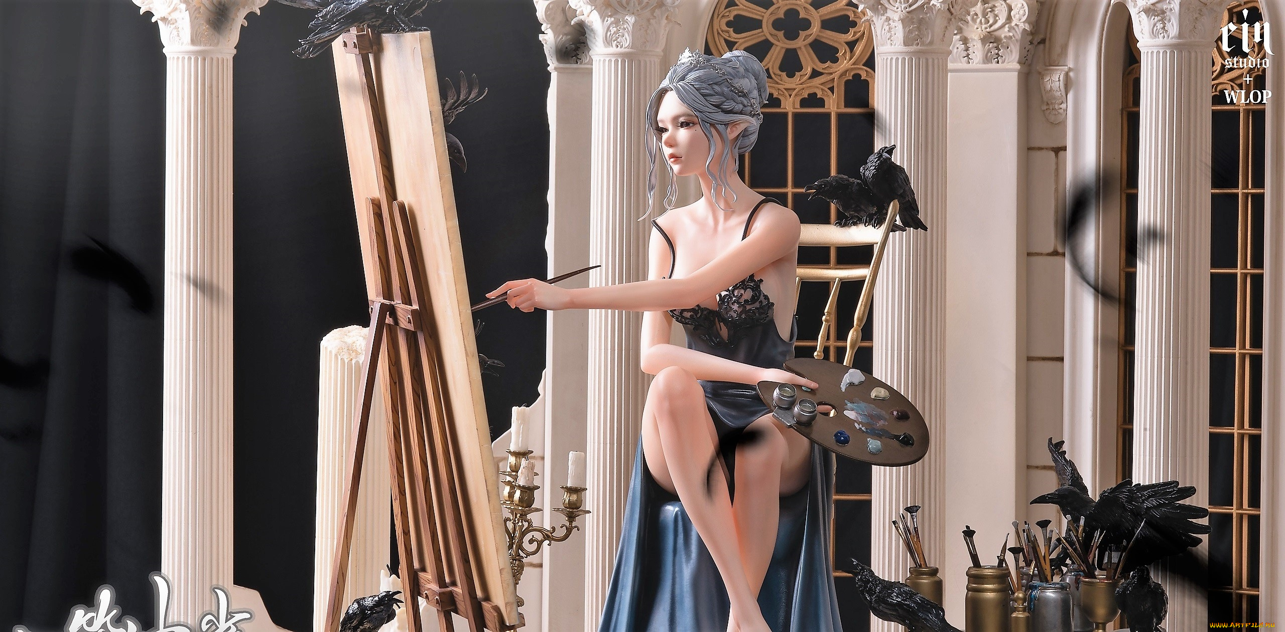 фэнтези, _ghost, blade, , , призрачный, клинок, девушка, эльфийка, художница, краски, мольберт