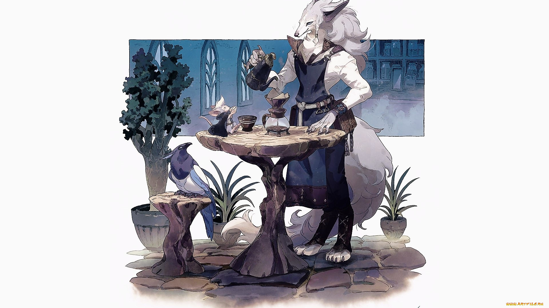 аниме, животные, , существа, существо, птица, стол, кофе