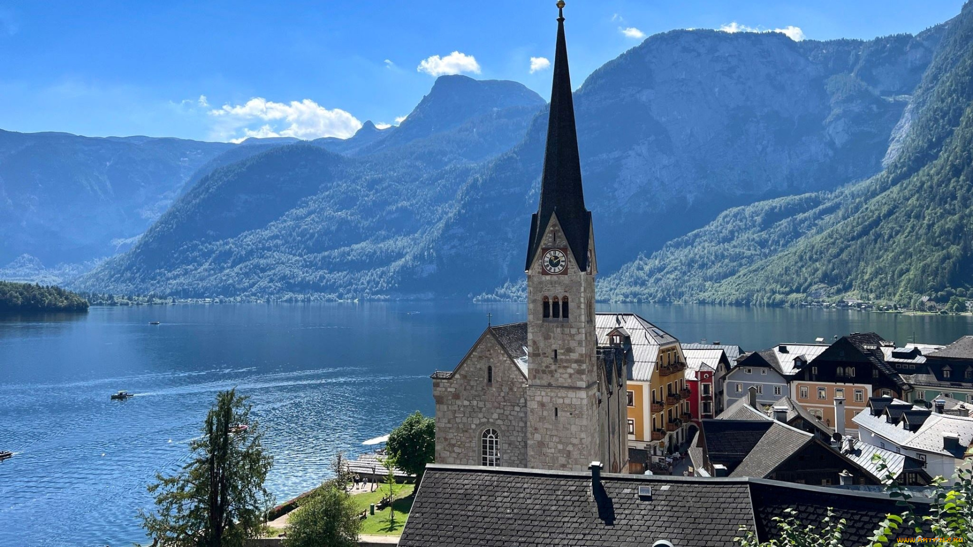 города, гальштат, , австрия, горы, озеро, панорама