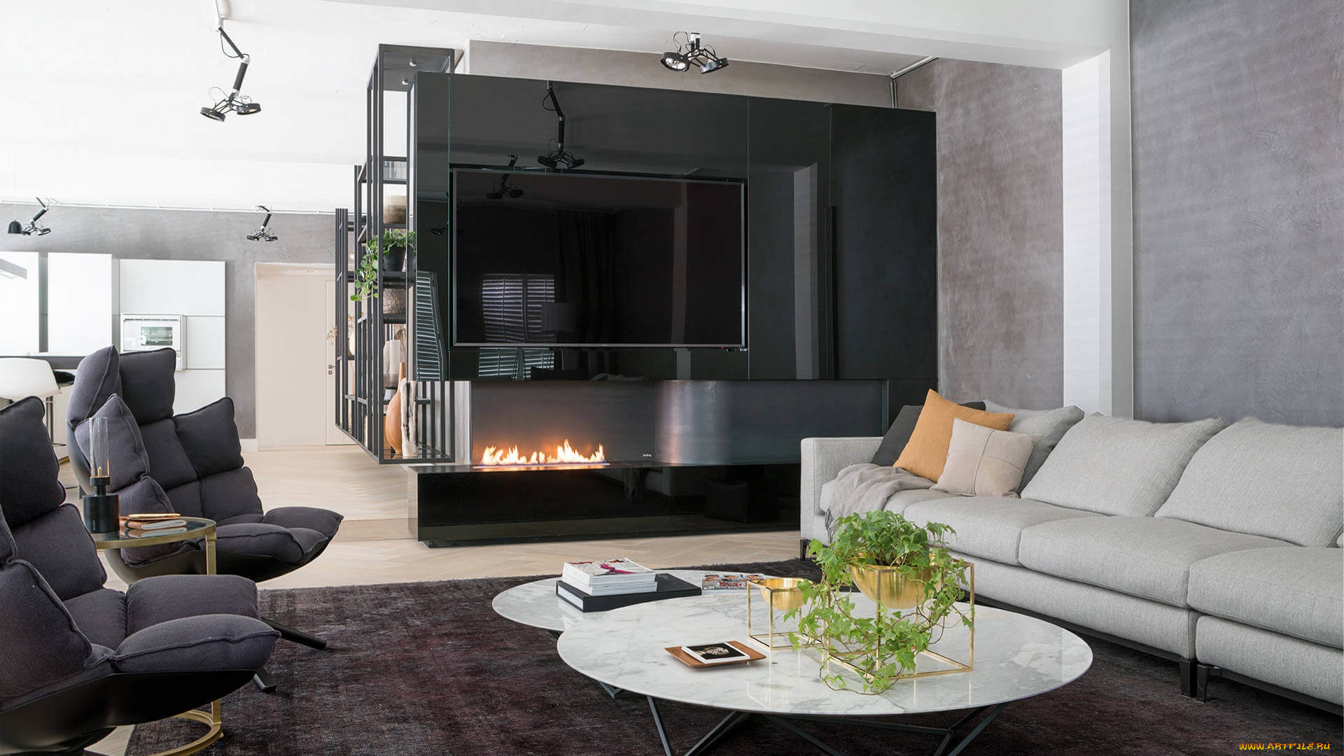 интерьер, гостиная, мягкий, уголок, телевизор