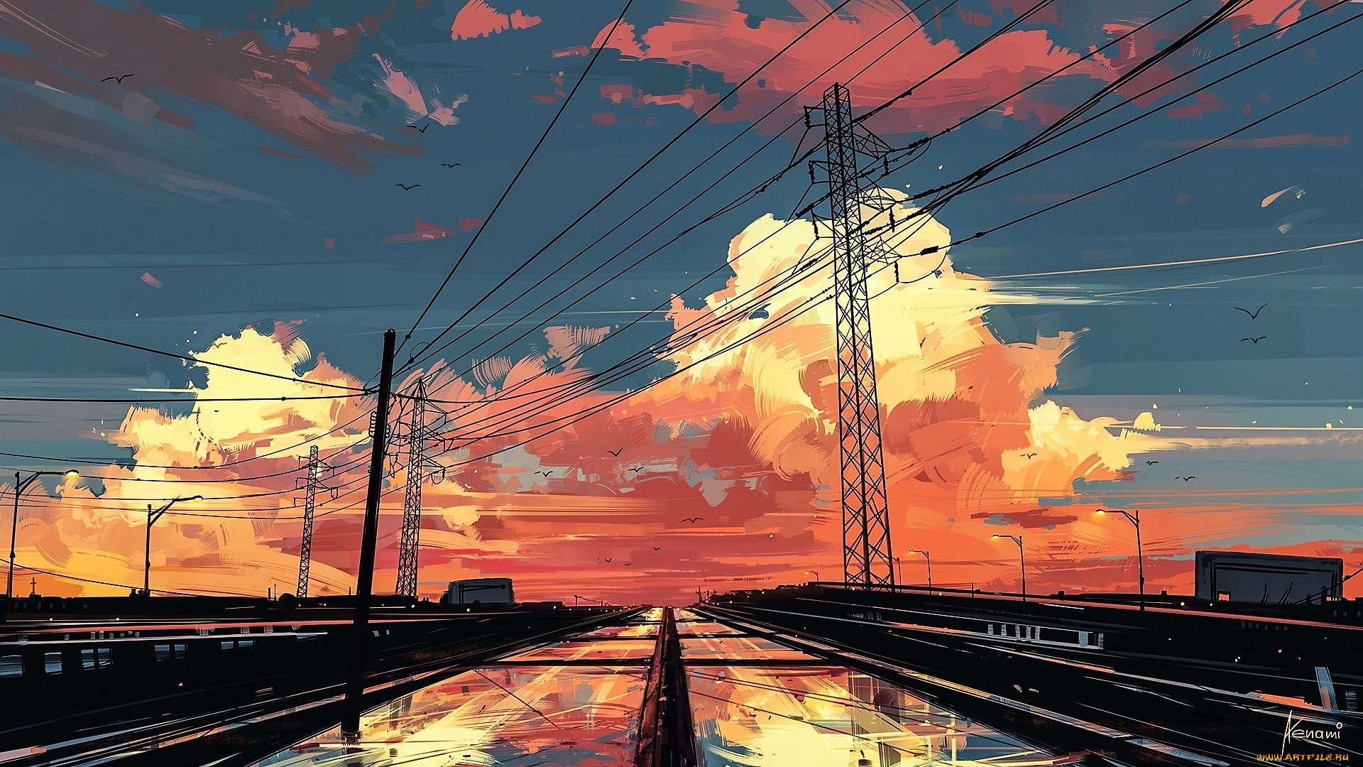 рисованное, города, тучи, закат, магистрали