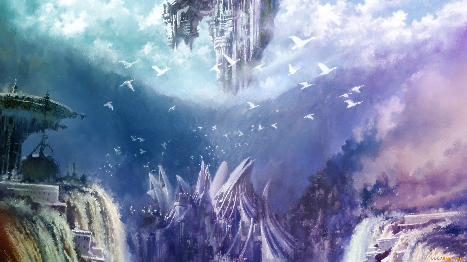 видео, игры, aion, , the, tower, of, eternity, горы, город, водопад, птицы