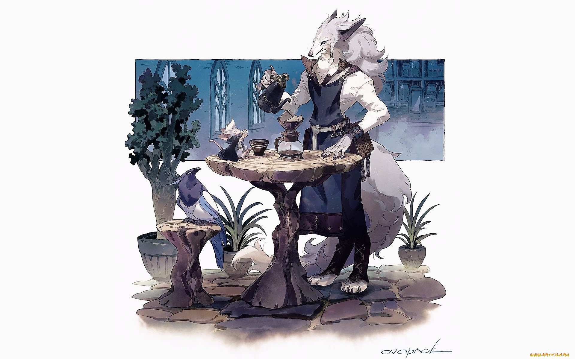 аниме, животные, , существа, существо, птица, стол, кофе