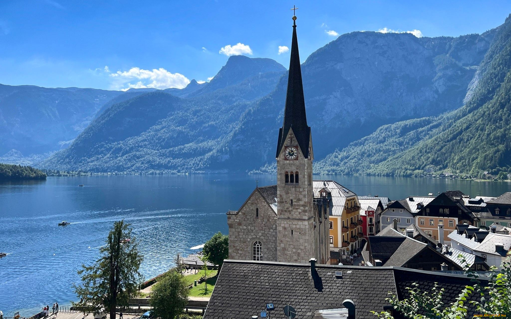 города, гальштат, , австрия, горы, озеро, панорама