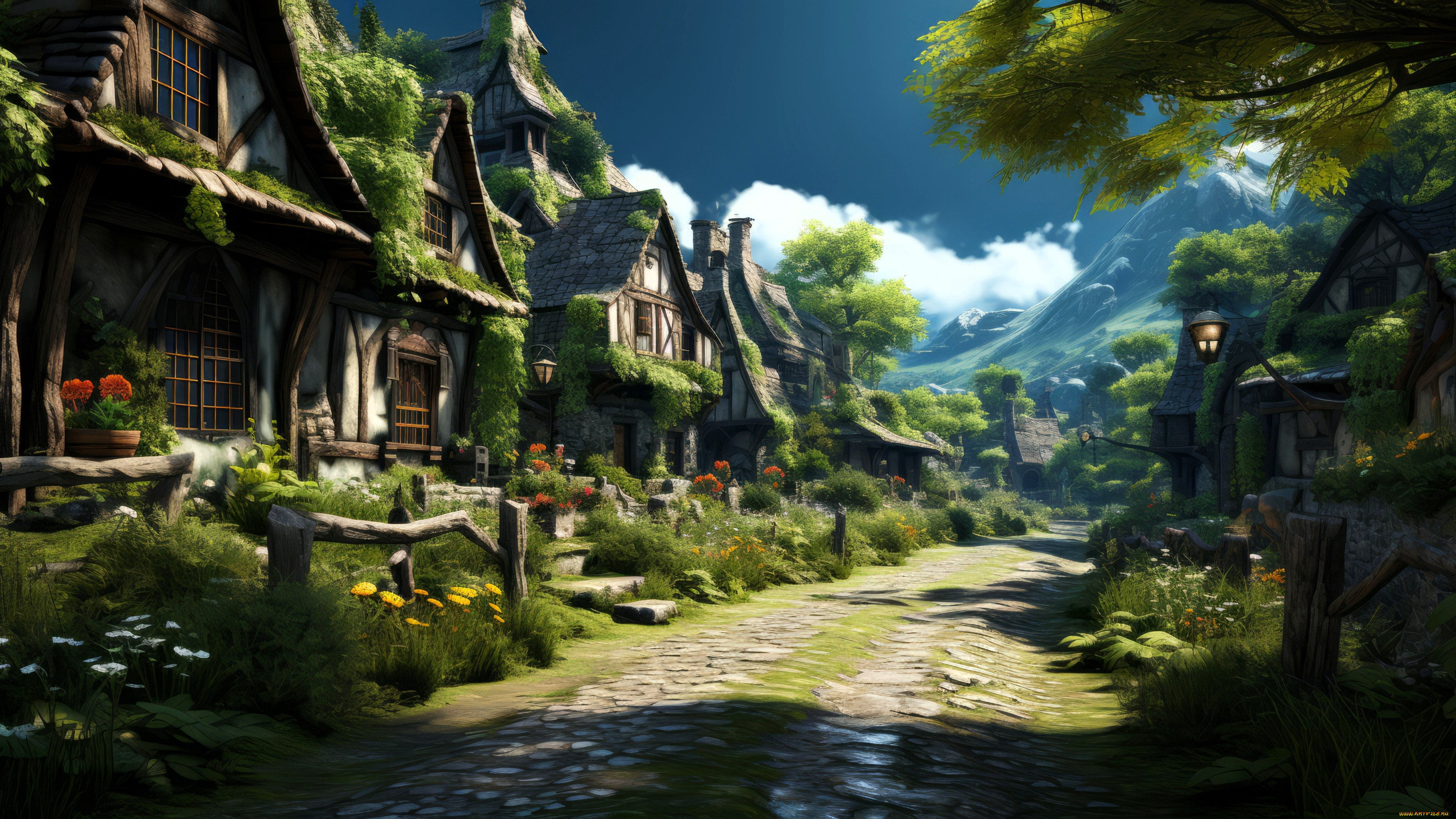 3д, графика, архитектура, , architecture, дома, улица, селение, горы