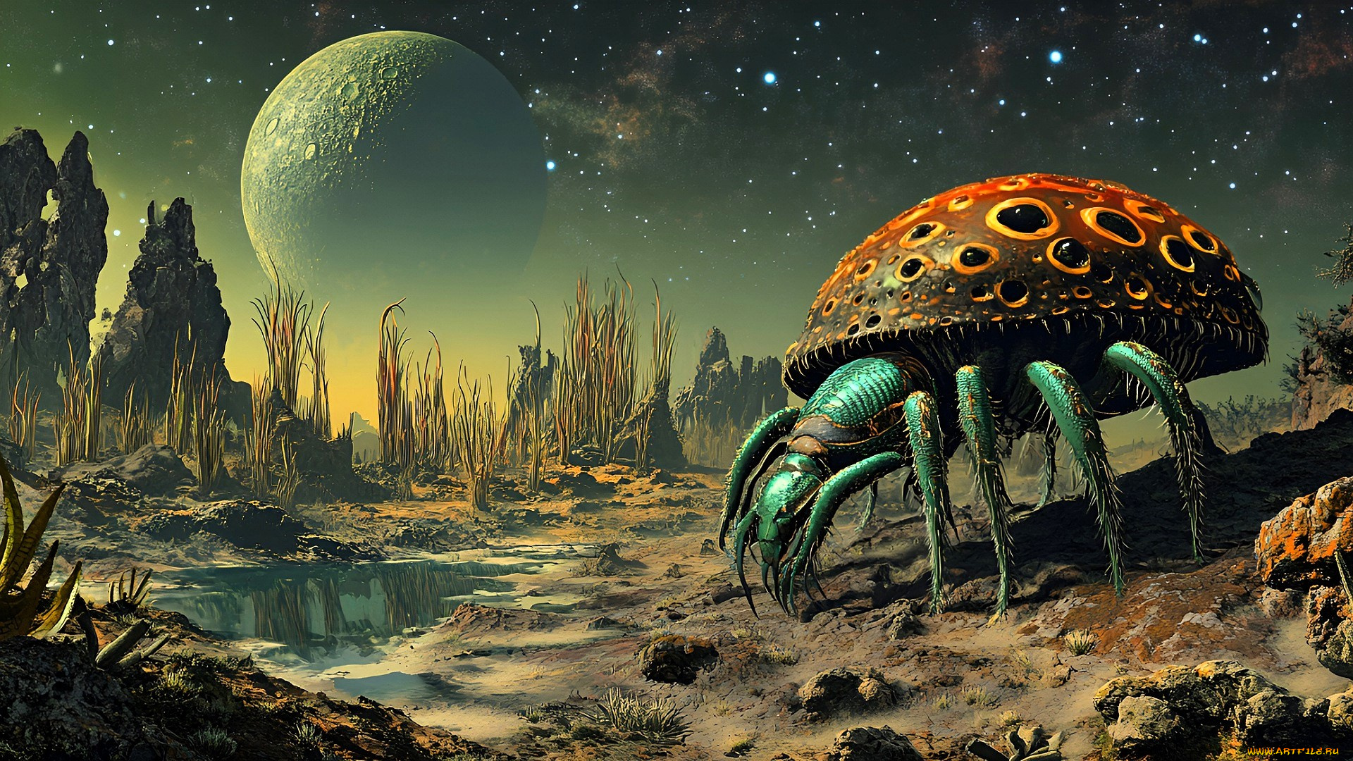 3д, графика, фантазия, , fantasy, животное, существо, насекомое, растения, скалы, лужа, спутник