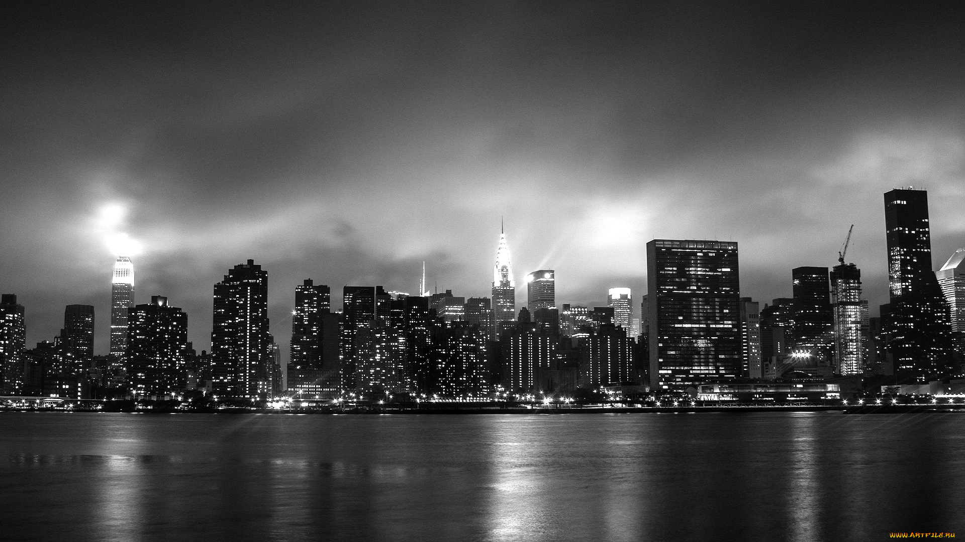 города, нью-йорк, , сша, море, ночь, огни, дома, здания