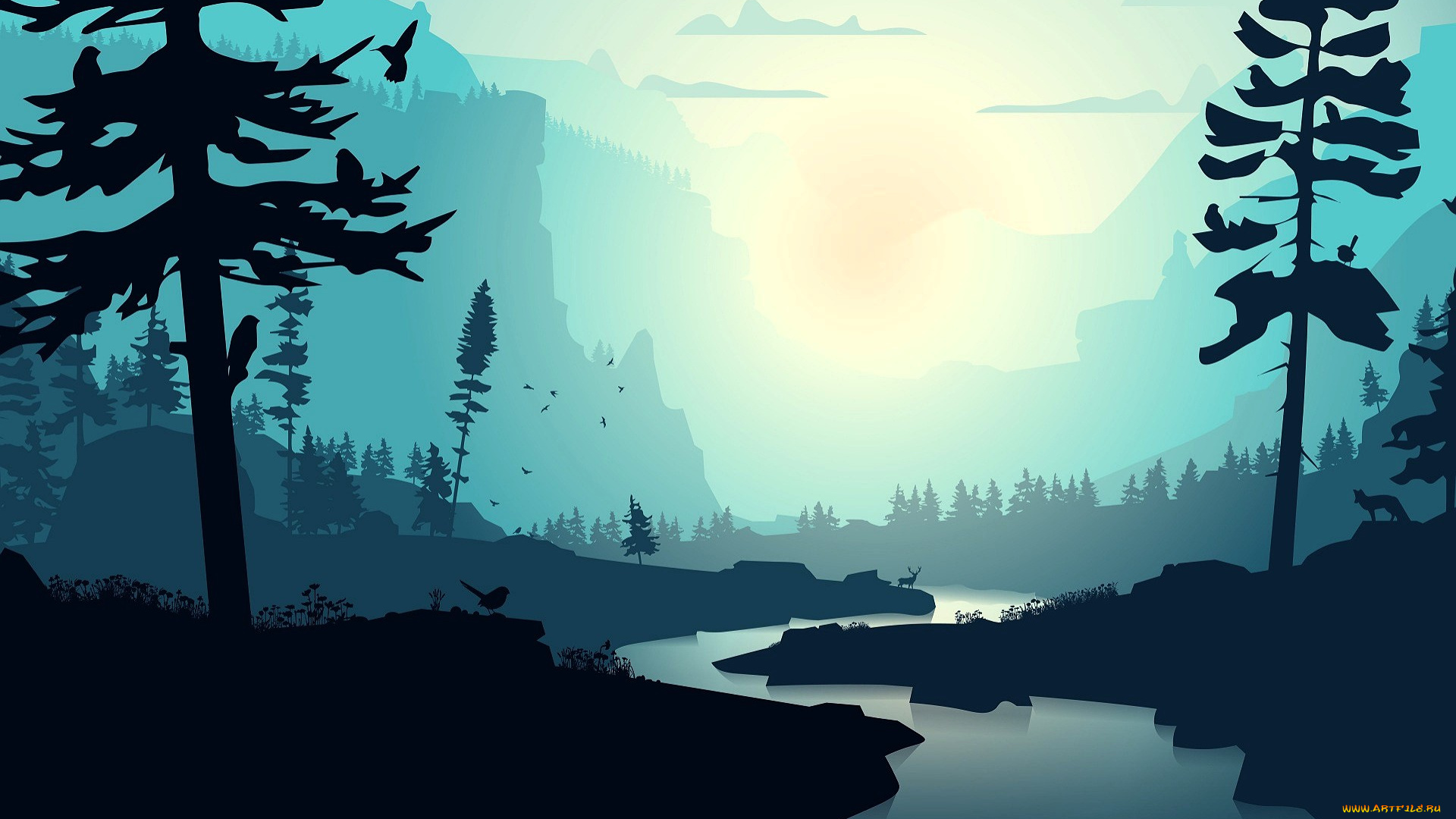 векторная, графика, природа, , nature, лес, река, туман, животные