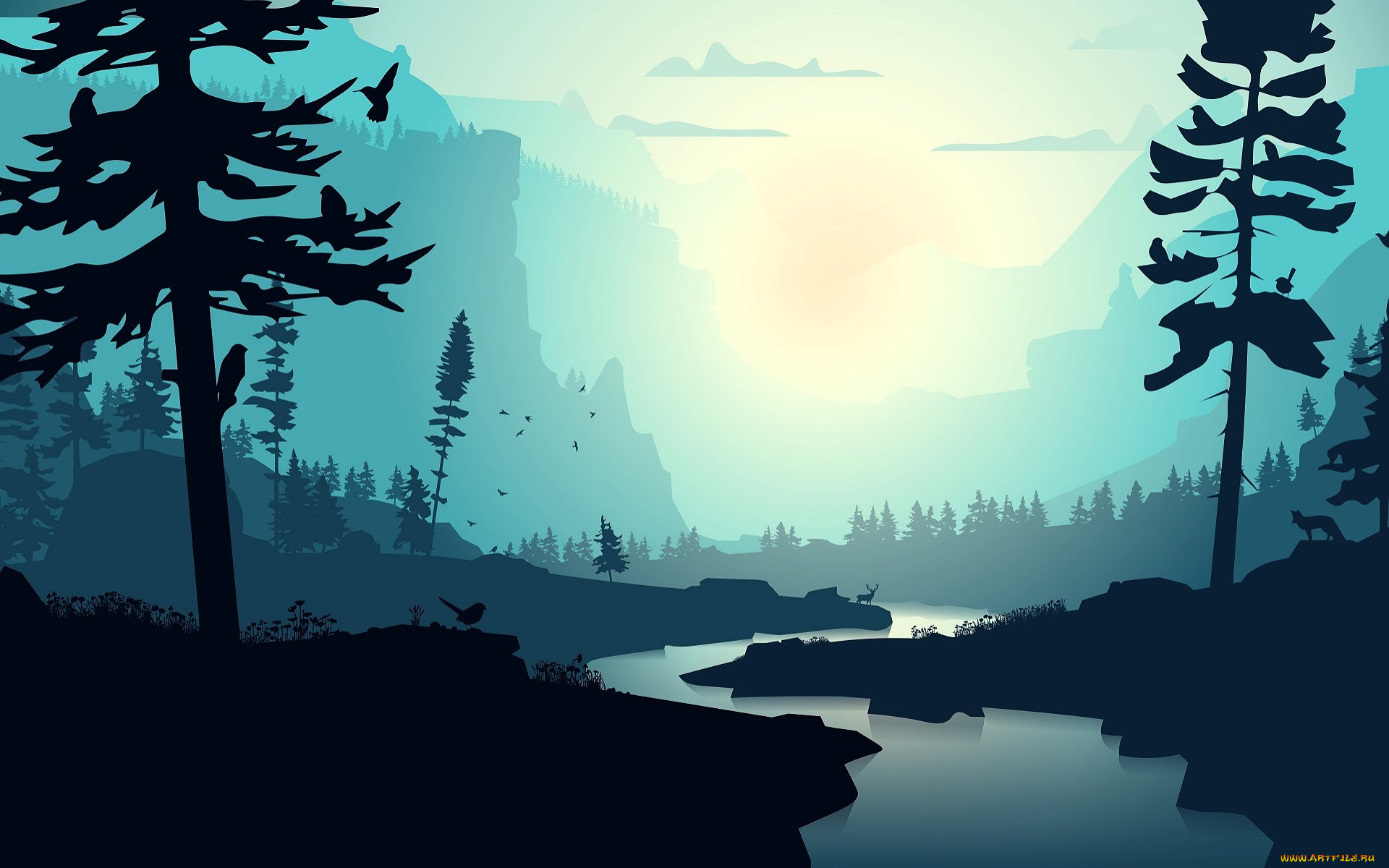 векторная, графика, природа, , nature, лес, река, туман, животные