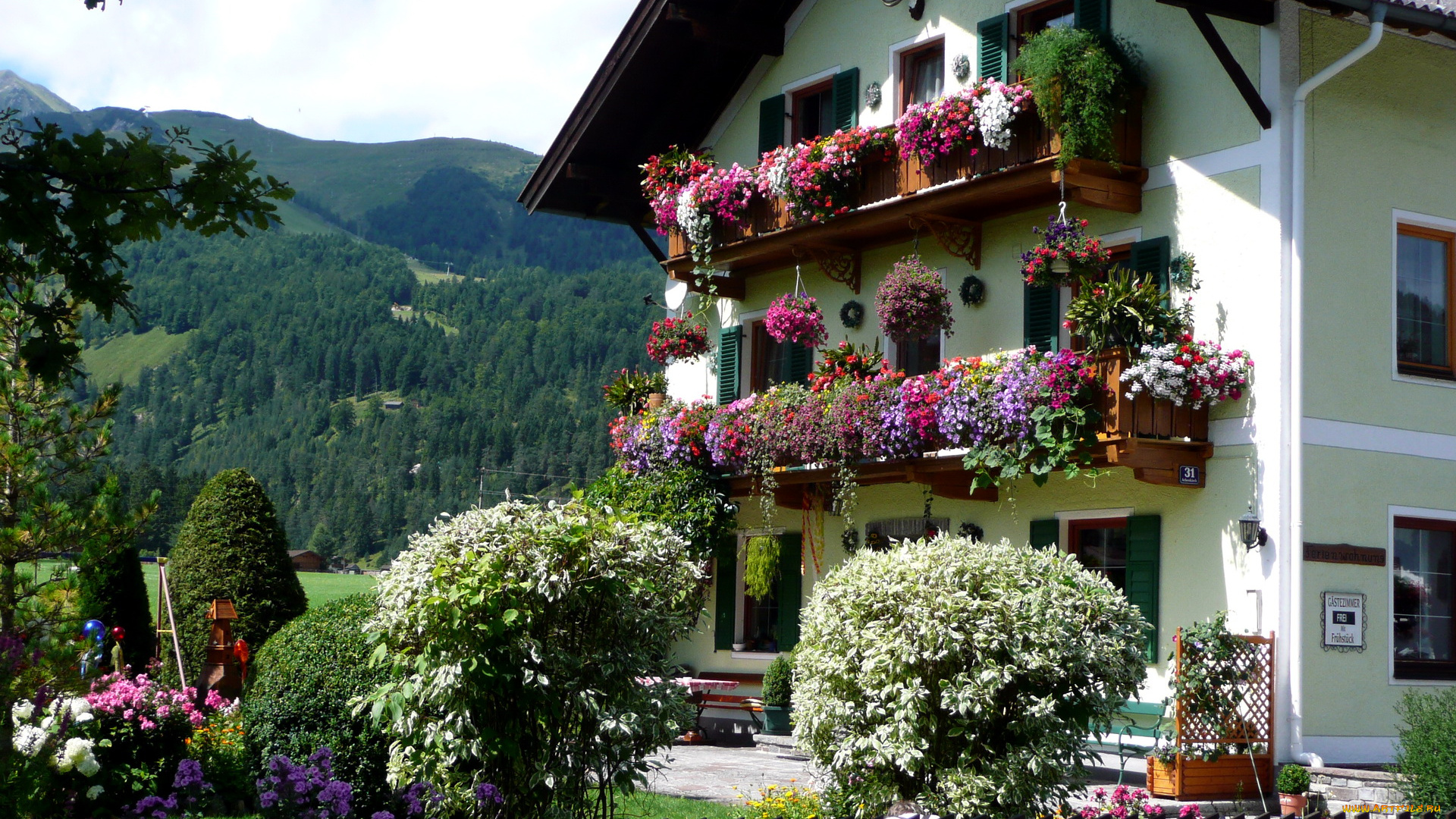 австрия, тироль, ахенкирх, города, здания, дома, дом, цветники