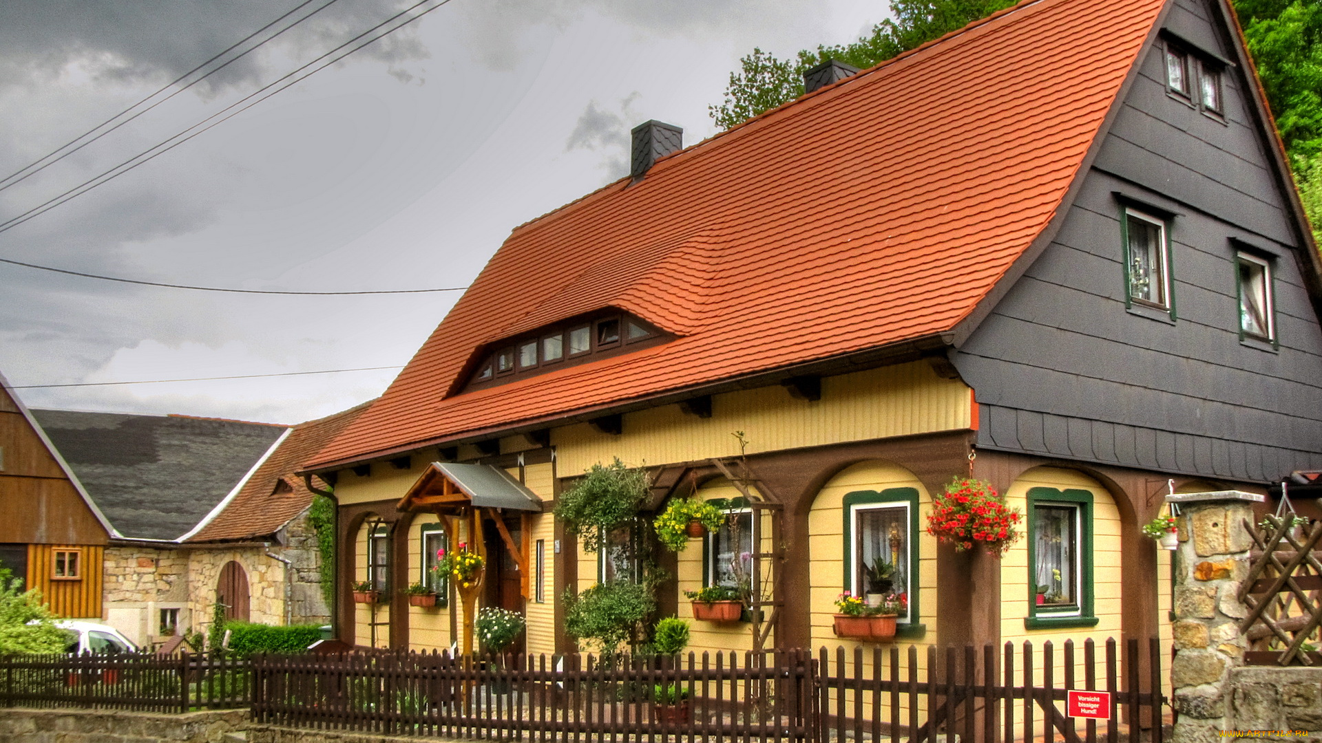 германия, гросшёнау, города, здания, дома, дом, деревья, цветник