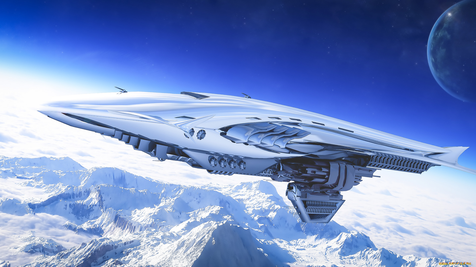 фэнтези, космические, корабли, звездолеты, станции, горы, снег