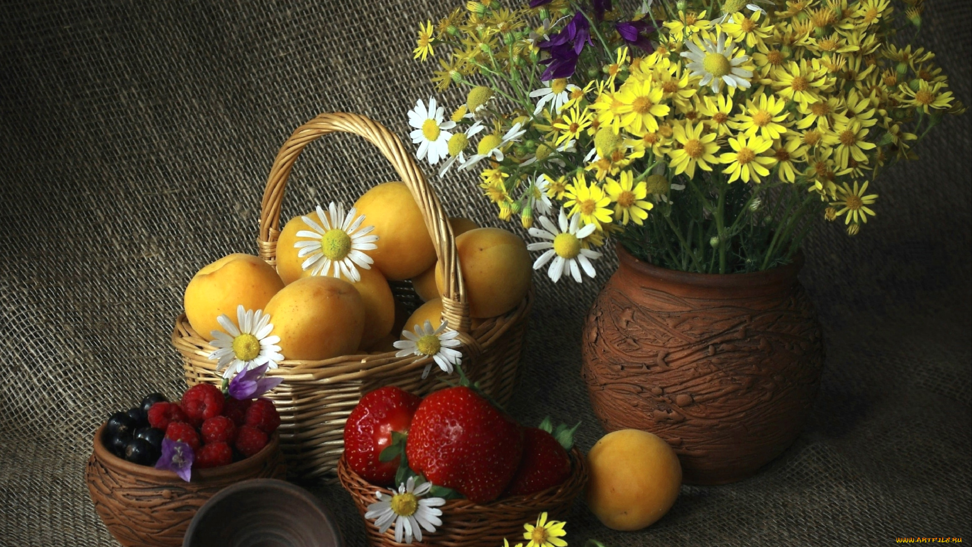 еда, фрукты, , ягоды, цветы, клубника, абрикосы, малина