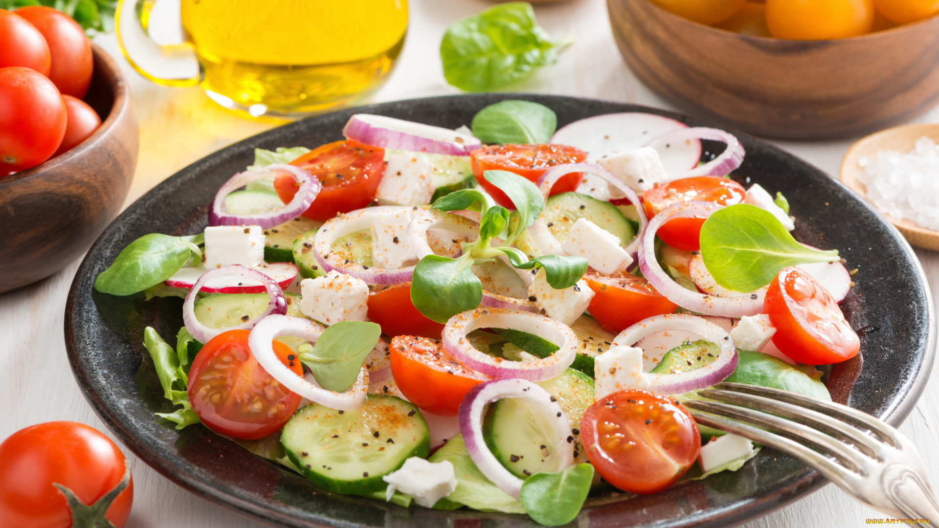 еда, салаты, , закуски, помидор, огурец, лук