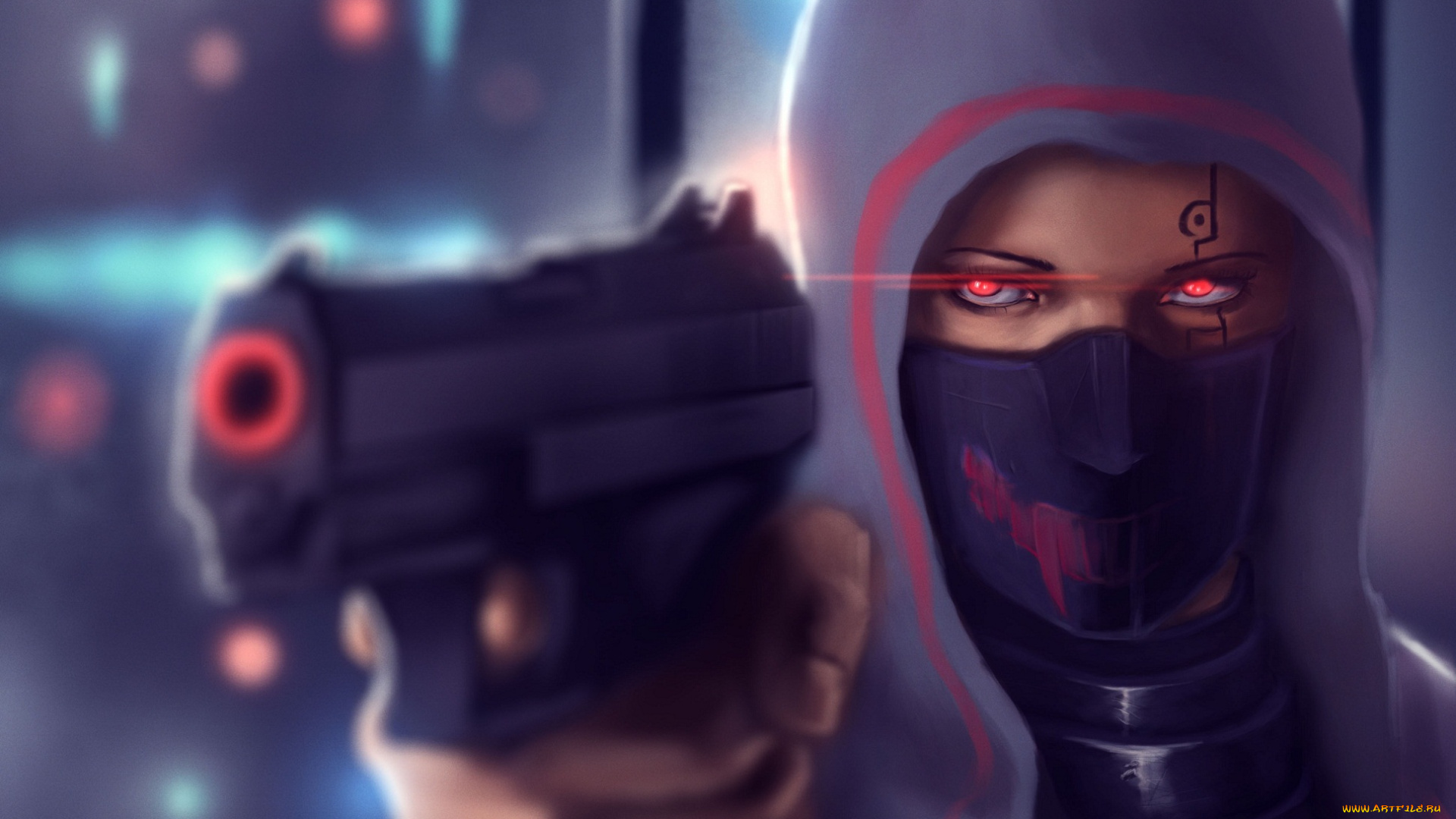 фэнтези, девушки, капюшон, девушка, пистолет, глаза