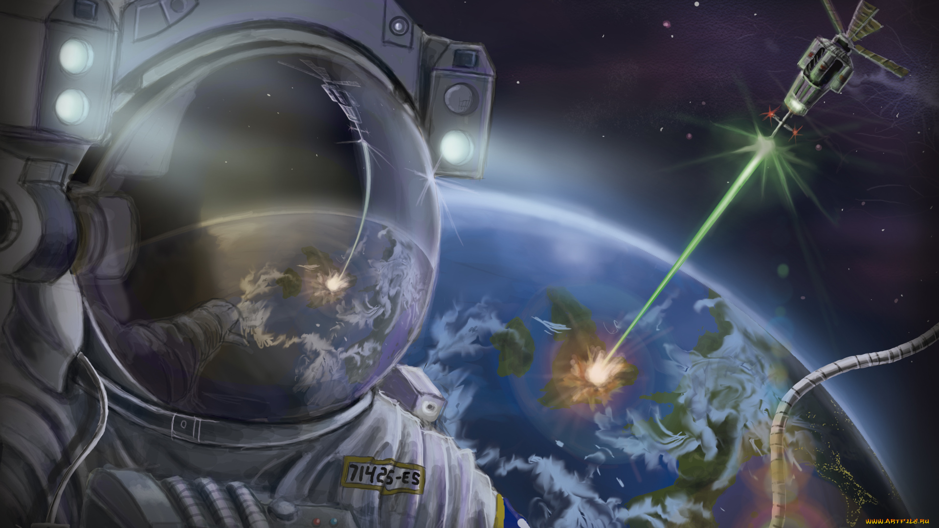 фэнтези, люди, планета, скафандр, астронавт, космос, арт, земля, спутник, луч