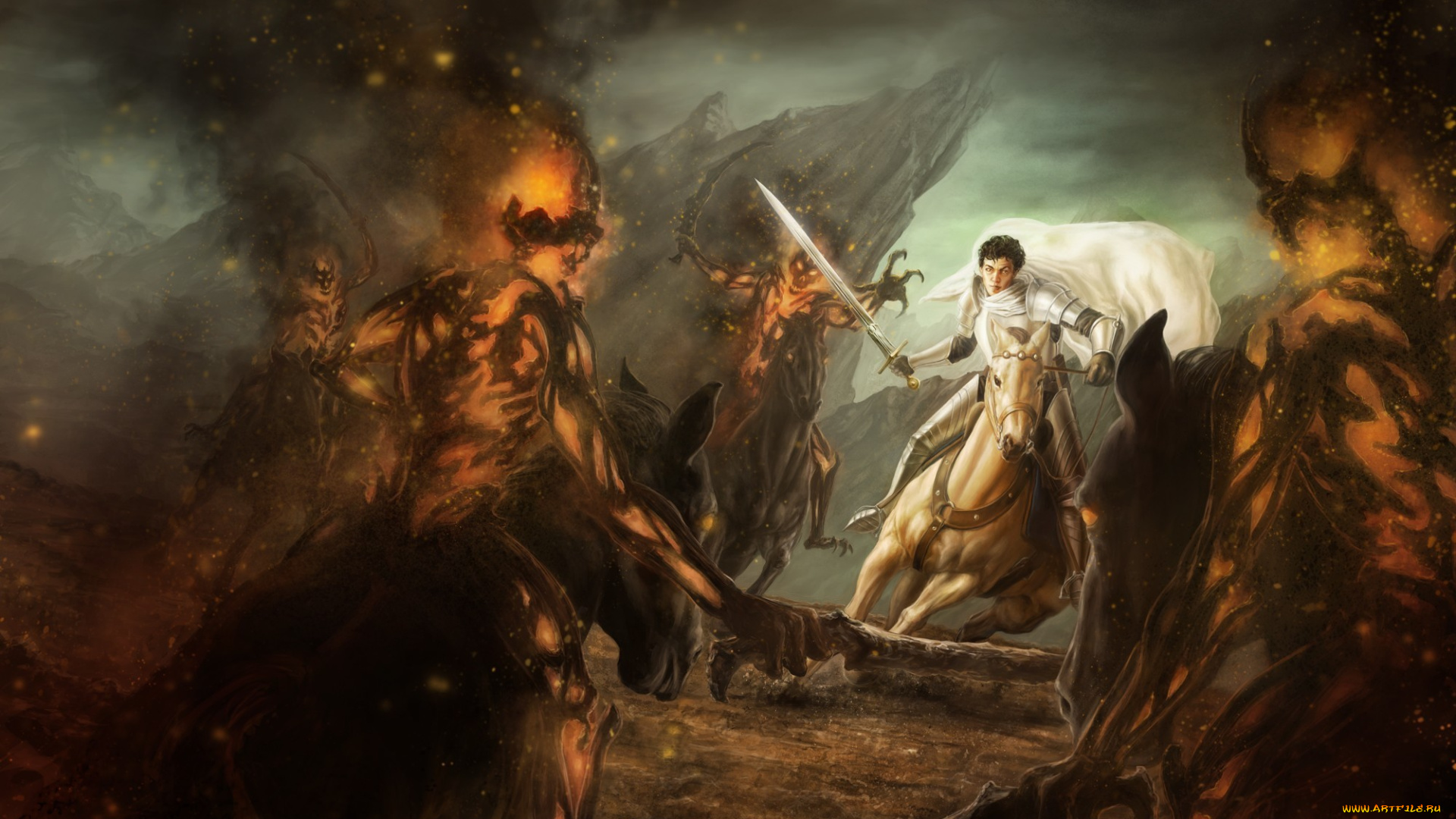 фэнтези, нежить, демоны, меч, конь, всадник, парень, арт, огонь