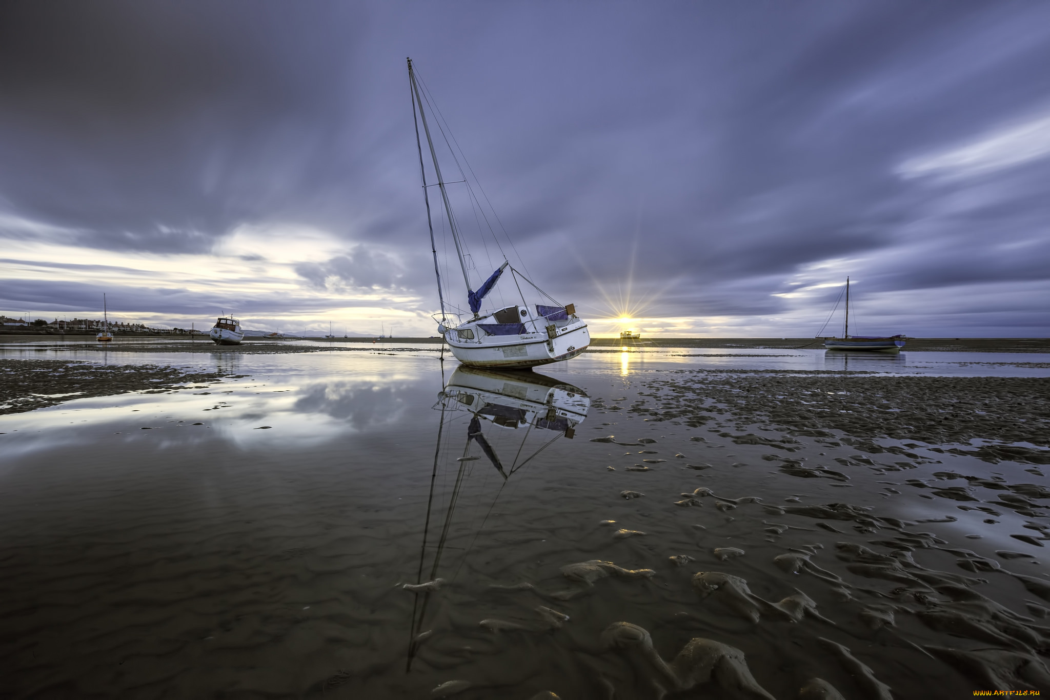 корабли, разные, вместе, отлив, океан, судно