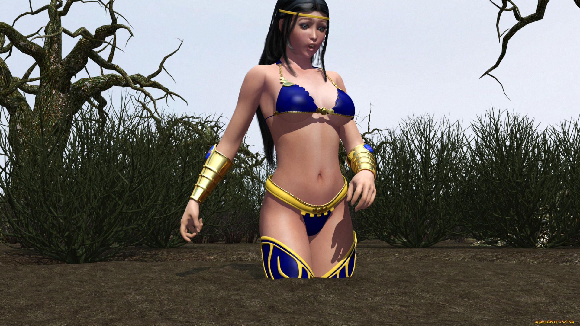 3д, графика, фантазия, , fantasy, болото, деревья, фон, взгляд, девушка