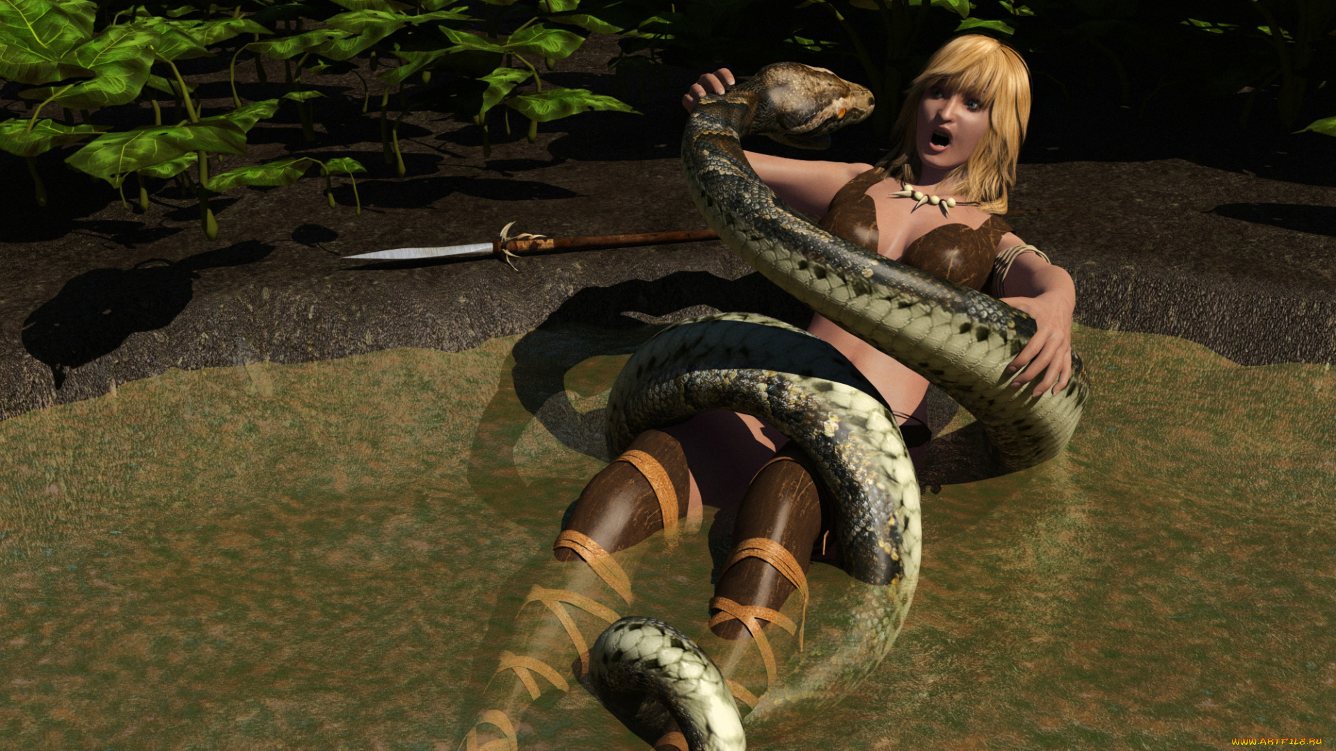 3д, графика, фантазия, , fantasy, взгляд, змея, фон, девушка