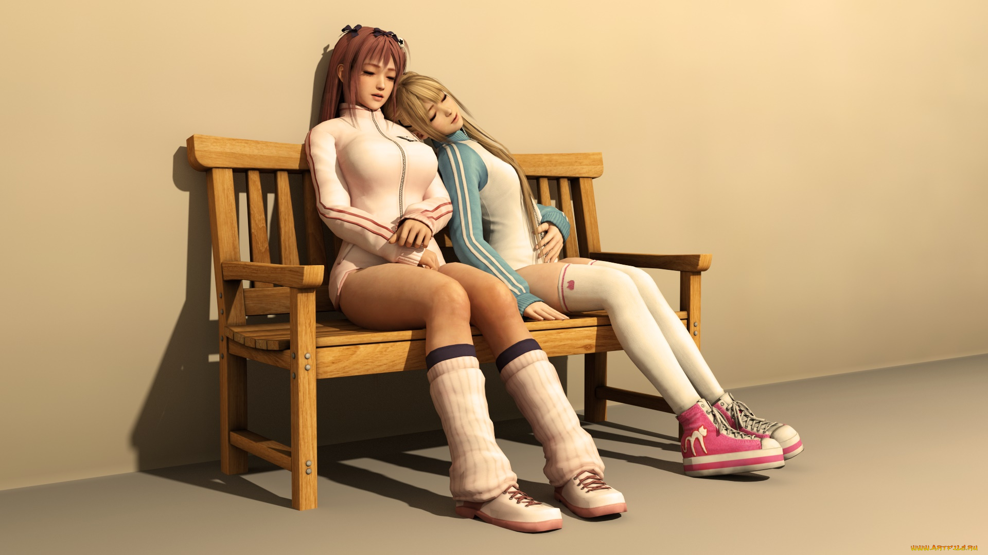 3д, графика, люди, , people, девушки, скамейка, фон, взгляд