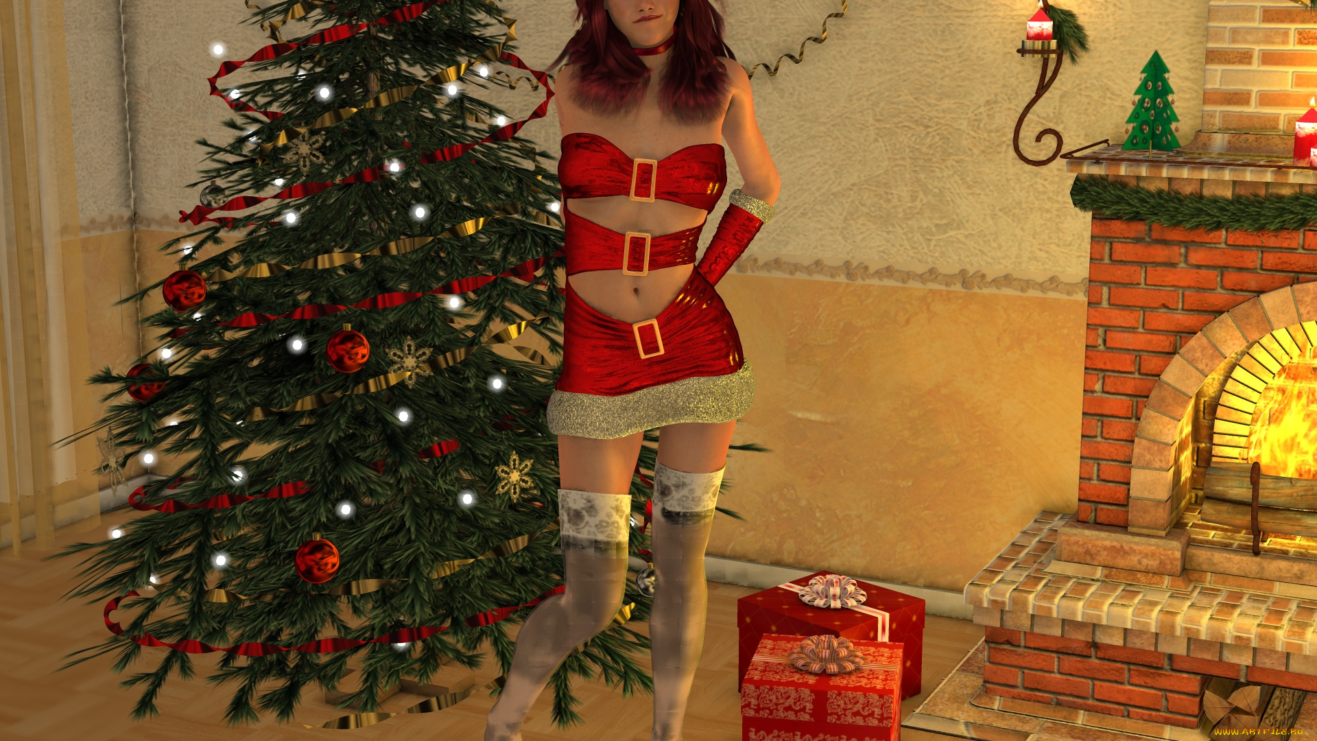 3д, графика, праздники, , holidays, елка, фон, взгляд, девушка