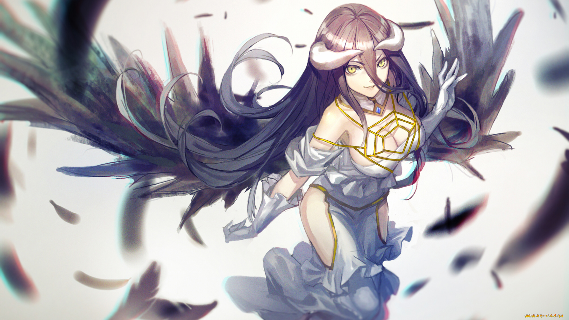 аниме, ангелы, , демоны, улыбка, взгляд, арт, девушка, рога, крылья, albedo, overlord, infukun