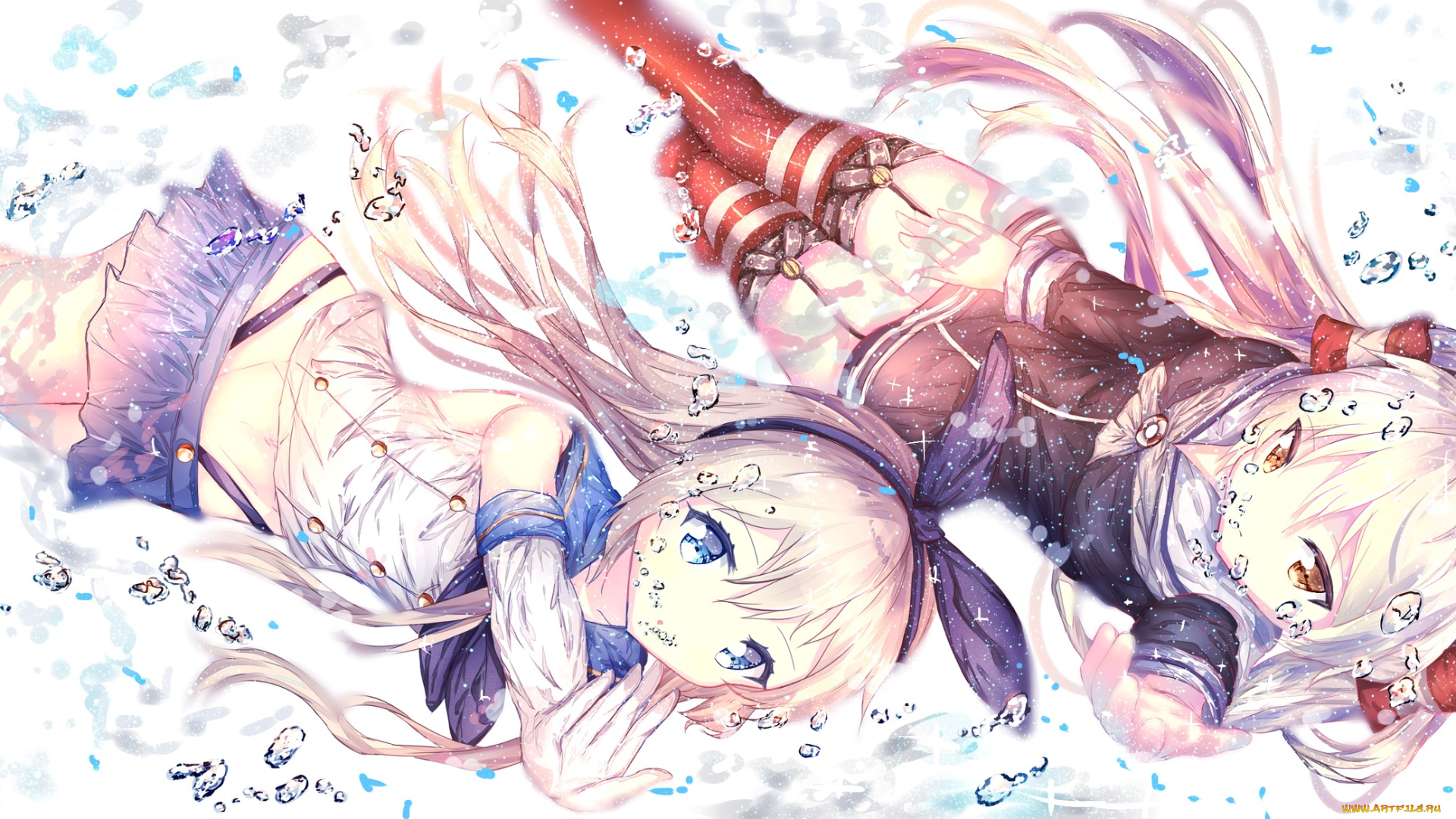 аниме, kantai, collection, shimakaze, kantai, collection, kancolle, пузырьки, вода, девушки, арт, amatsukaze, feitaru