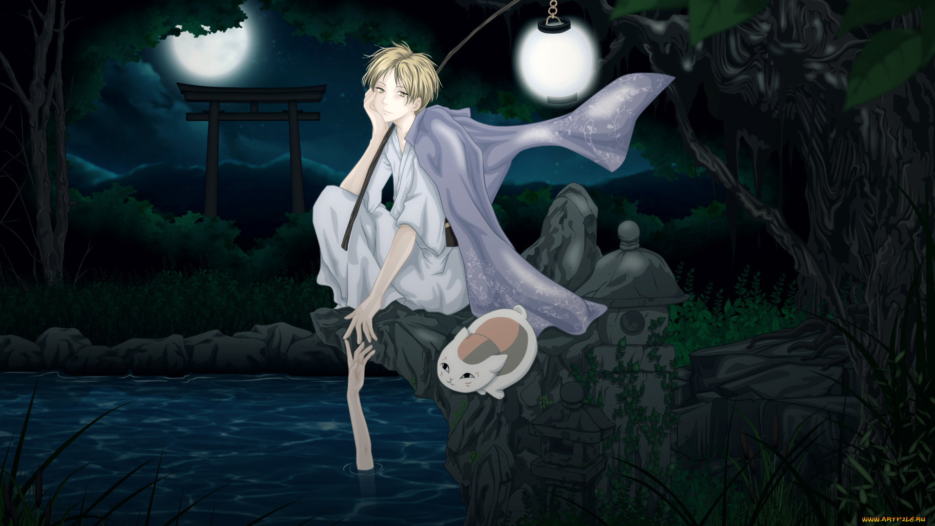 аниме, natsume, yuujinchou, natsume, takashi, madara, cilou, мужчина, кот, животное, ночь, небо, облака, луна, полнолуние, лес, деревья, ворота, трава, растения, вода, камни, пруд, рука, фонарь, кимоно