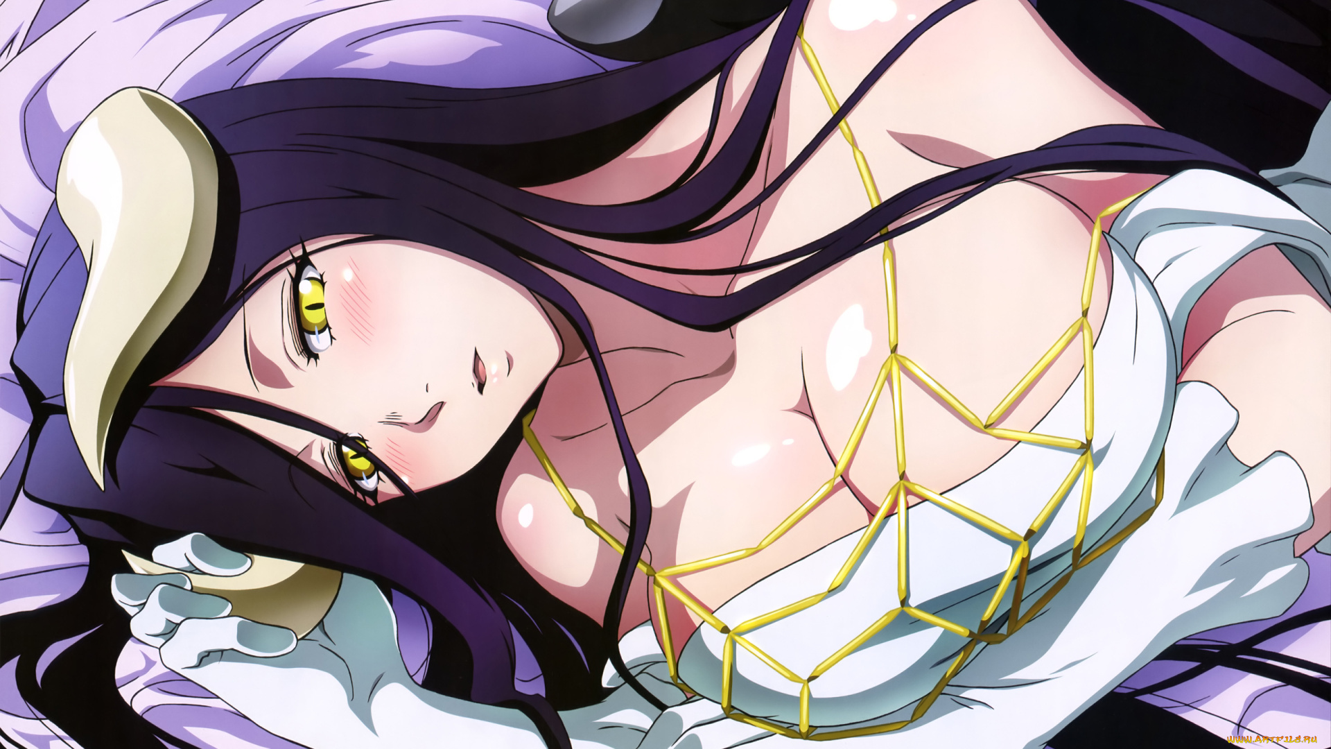 аниме, overlord, рога, демон, девушка, albedo, платье, перчатки, украшение, крылья